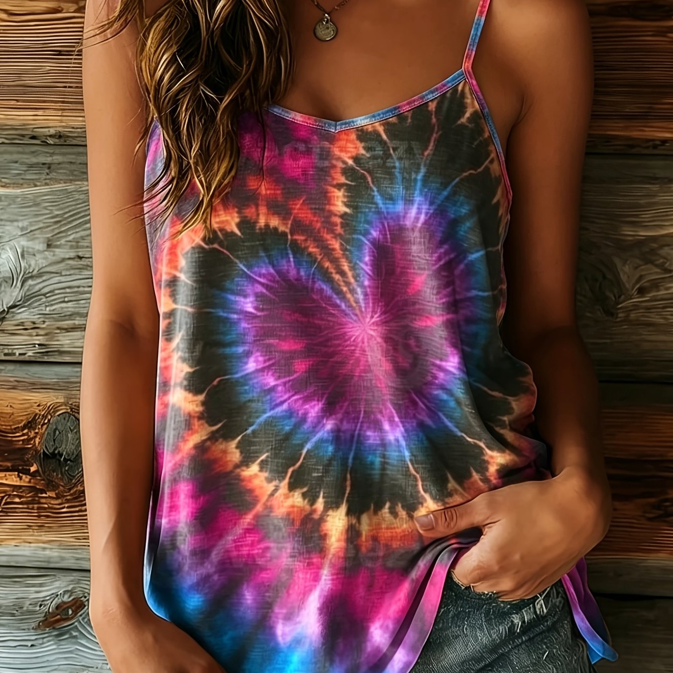 TEMU Women's Summer Cami Top, Tie Dye Heart Print Spaghetti Strap Sleeveless Blouse, Boho Vacation Loose Versatile Tank Top, New Arrival