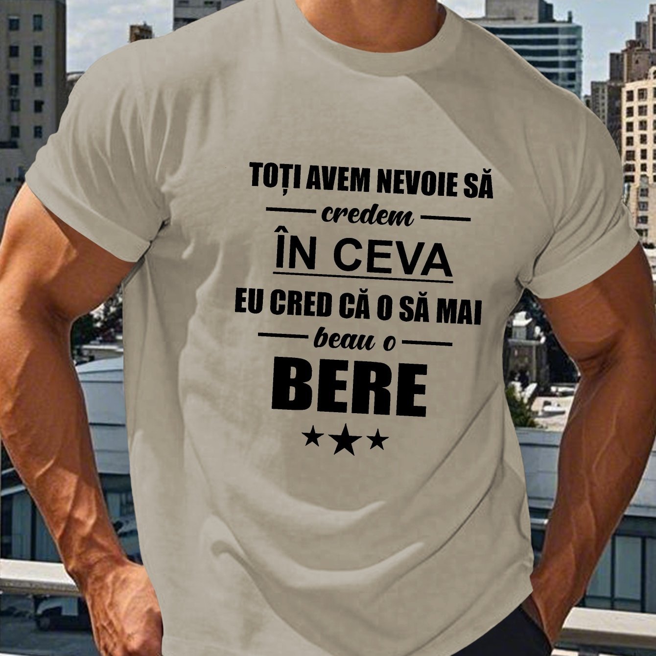 TEMU Romanian Beer Men's Short Sleeve T-shirt - Geometric Summer Top, Breathable Round Neck Tee, Machine Washable Regular Fit For Adults, Beer T