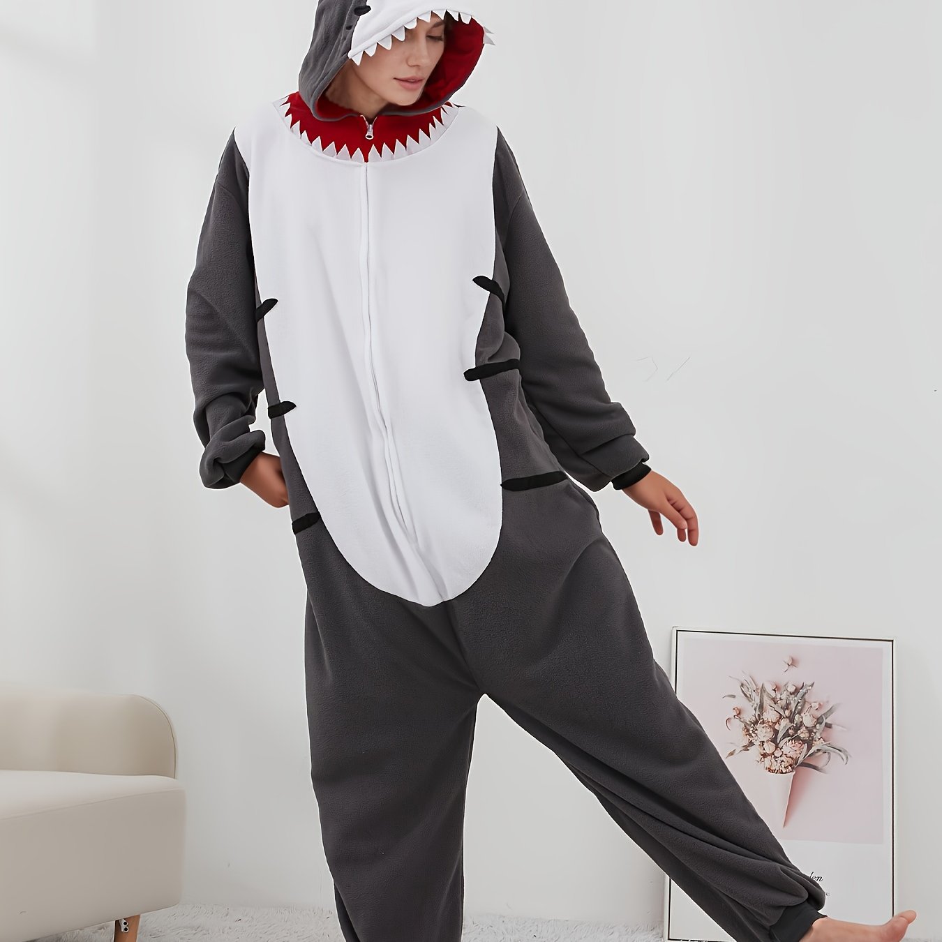 Image of Gray Adult Unisex Animal -piece Pajamas Cartoon Jumpsuit Christmas Costume Christmas Animal Costume Party Role-playing Home Clothes