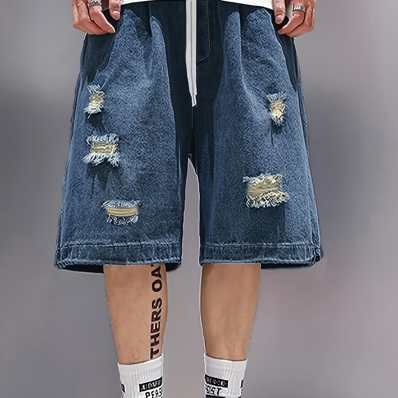 Image of Men' Y2k Ripped Denim Shorts - Elastic Waist Baggy Jorts With Cargo Compatible For Short Cargo Attachments, Loose Fit Short Length Denim Shorts Suitable For Summer, Casual Streetwear, Machine Washable