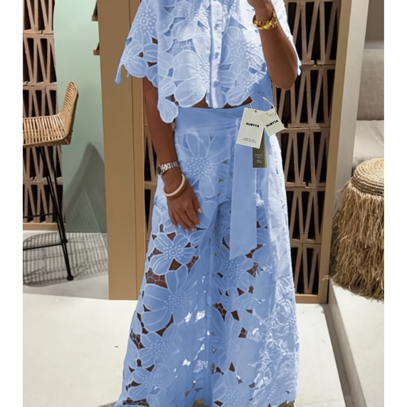 TEMU Ms. Fashion To Create A Hollowed-out 2pcs Set.2026 Matching Lounge Set With -up & Wide Leg Pants - Cream White For Home, Vacation & Daily Chic