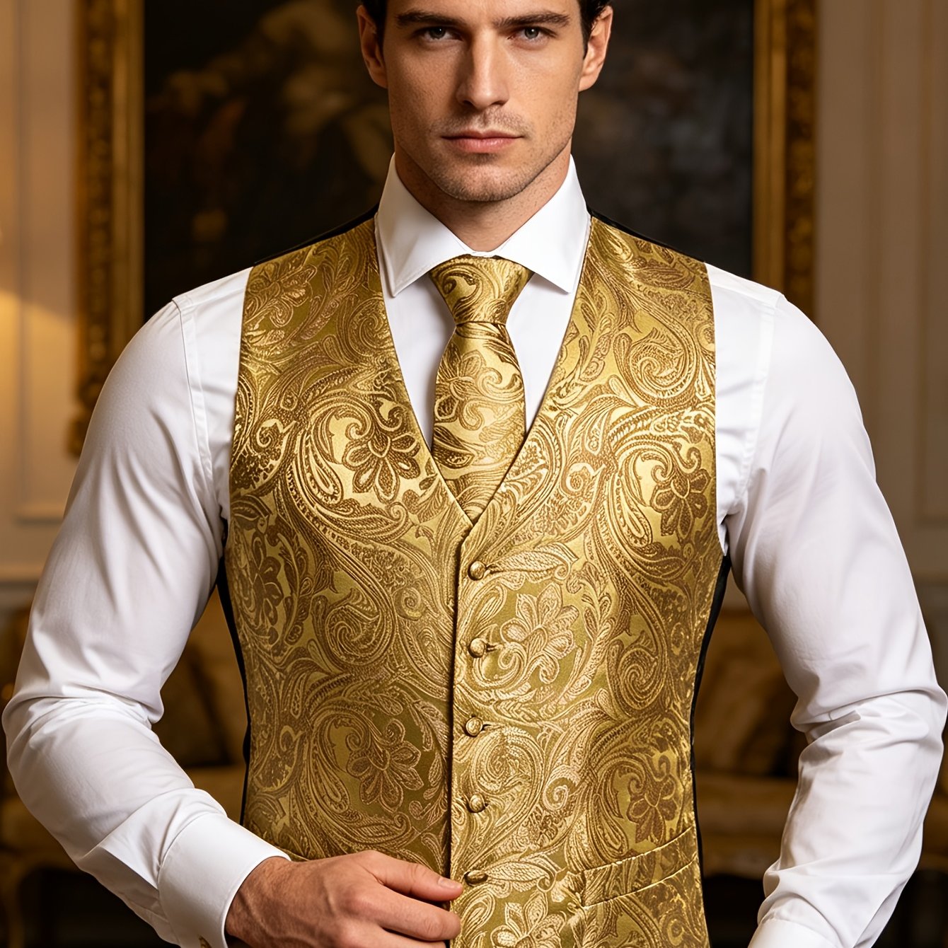 Image of Plus Size Men's Luxury Golden Tropical Plant Jacquard Waistcoat Vest & Tie & Pocket Square 3pcs Set, Formal Suit Set For Wedding, Banquet, Party, Plus Size