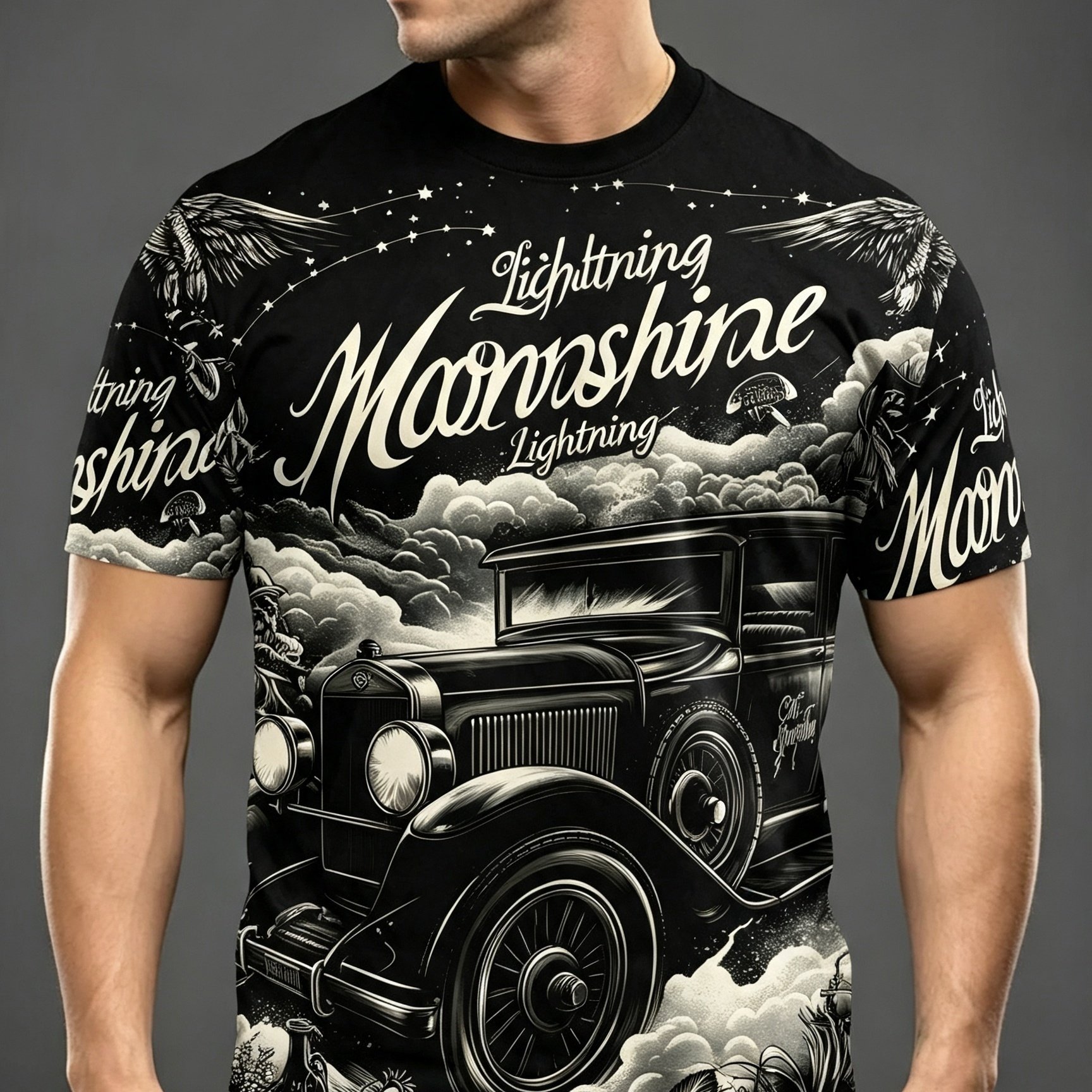 TEMU Men's Plus Size Print Short Sleeve, Retro Car Pattern Black And Lightning Design Men's Casual , Suitable For Hiking, Running, Fitness And Casual