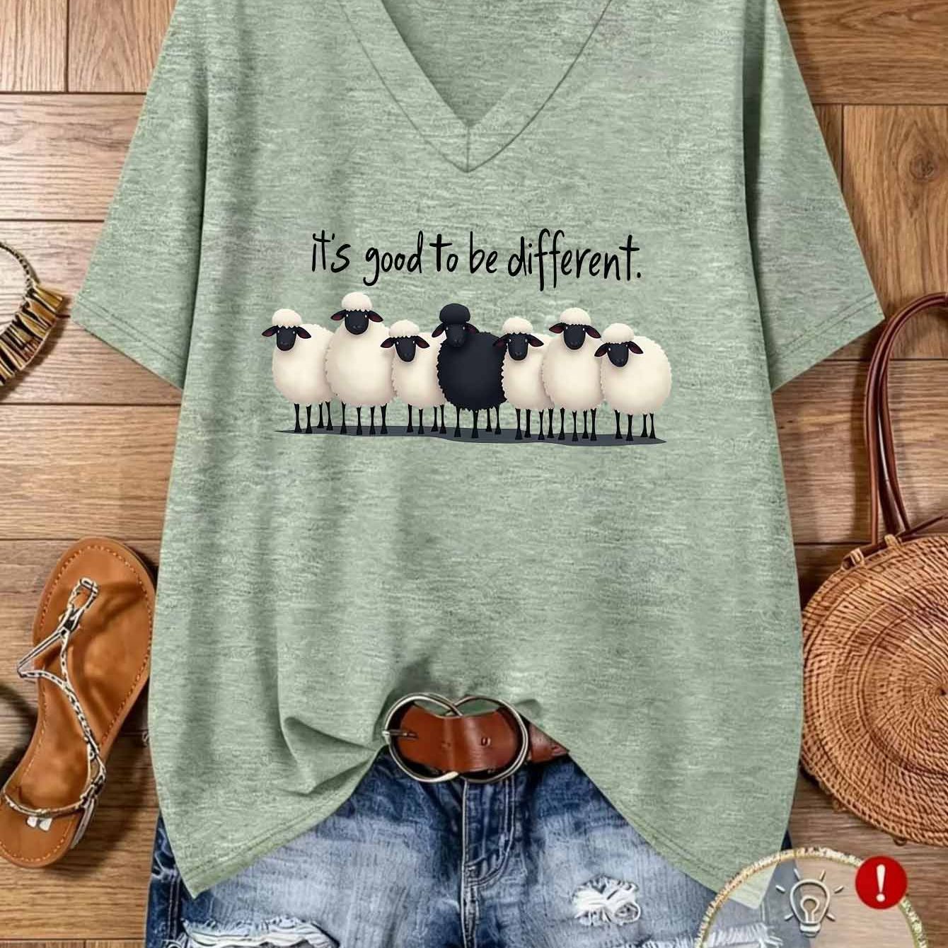 TEMU Plus Size Casual Sportswear For Women, -neck Loose-fit Unique Lamb Print Short Sleeve T-shirt, Summer Figure-flattering Minimalist Style,