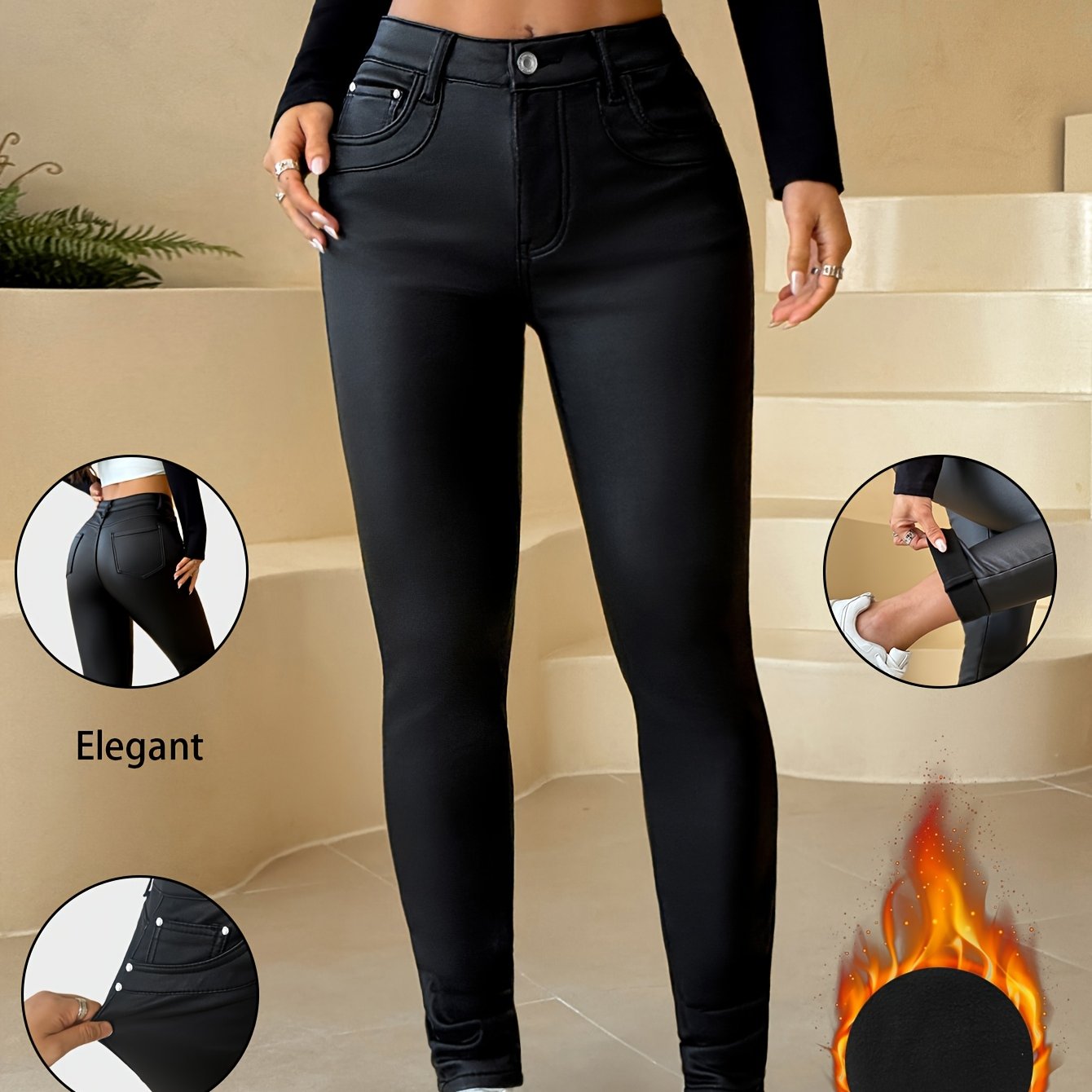 Image of American-style Stylish New Women's Elegant Casual Versatile Black Outerwear Base Layer -lined Composite Coated Thermal Skinny Pants, With Boots, Pencil Pants, Jeans For Women, 618576