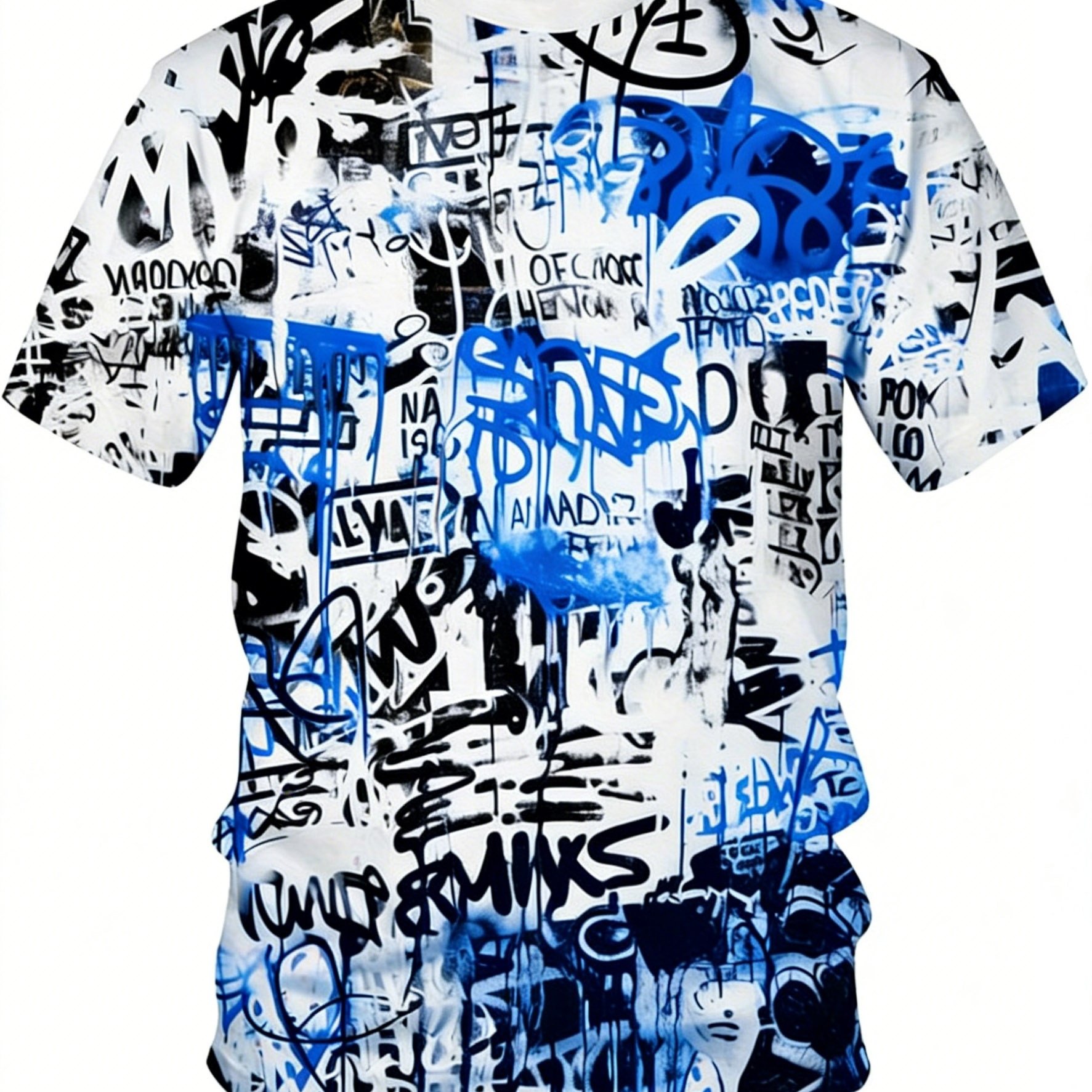 TEMU [print Design â Not Texture] Blue-black Graffiti Print Short Sleeve T-shirt | Street Fashion Gift | Machine Washable