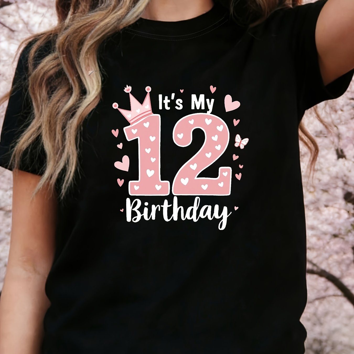 TEMU Women's T-shirt, " My 12th Birthday" Text Print, Black Short-sleeve Crewneck Printed T-shirt - Machine Washable, , , Fashionable Design,