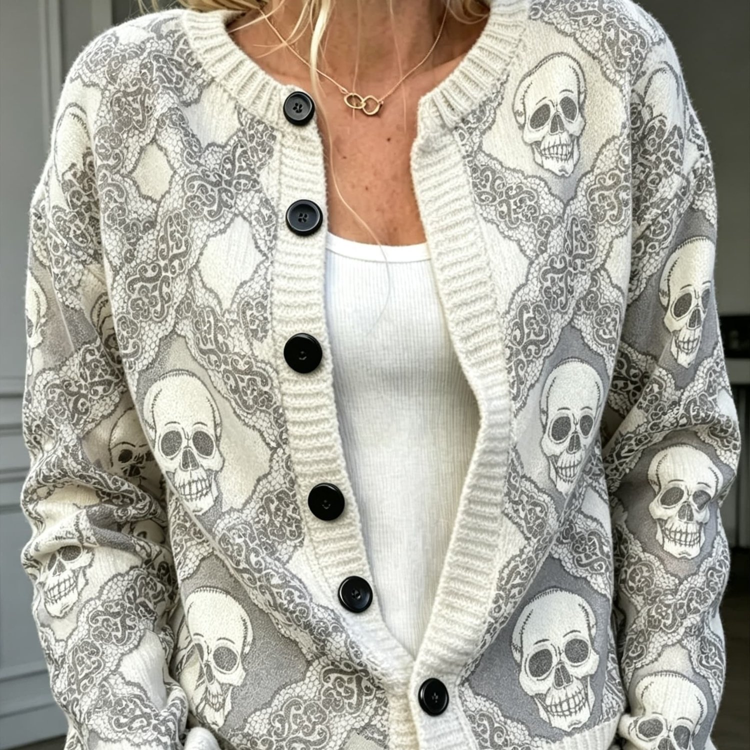 Image of Plus Size - Plus Size Women's Vintage Lace Skull Pattern Cardigan, Round Neck Long Sleeve Open-front Coat, Casual Outerwear For Autumn, Winter, And Holidays
