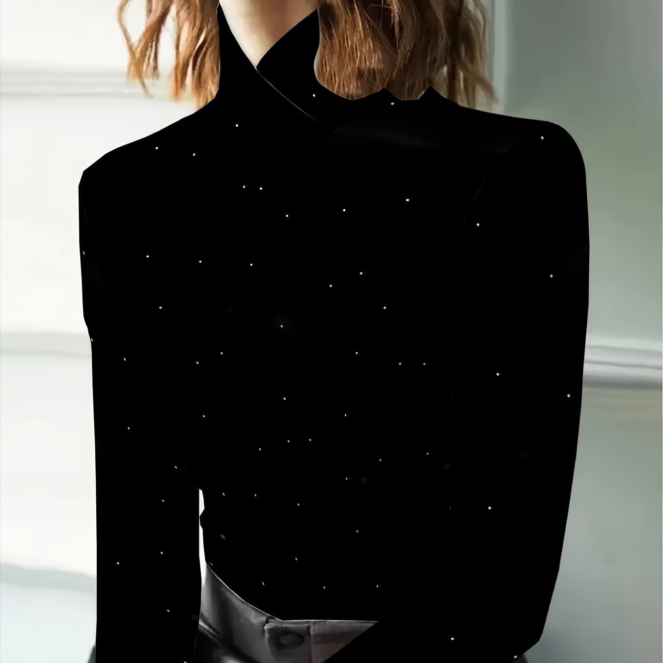 TEMU Simple And Elegant Women'-size Semi-high Neck Long-sleeve Base Layer Top. Features A Scattered Sparkling Rhinestone Embellishments. A Stretchy,