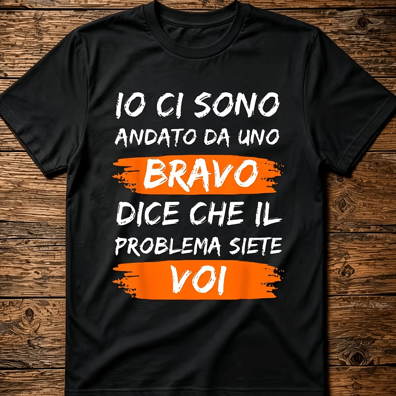 TEMU Italian T-shirt "he From A " Sarcastic Humorous Quote - Orange Highlighted Italian Text, Casual Round Neck Tee, Wear, Machine Washable Italian