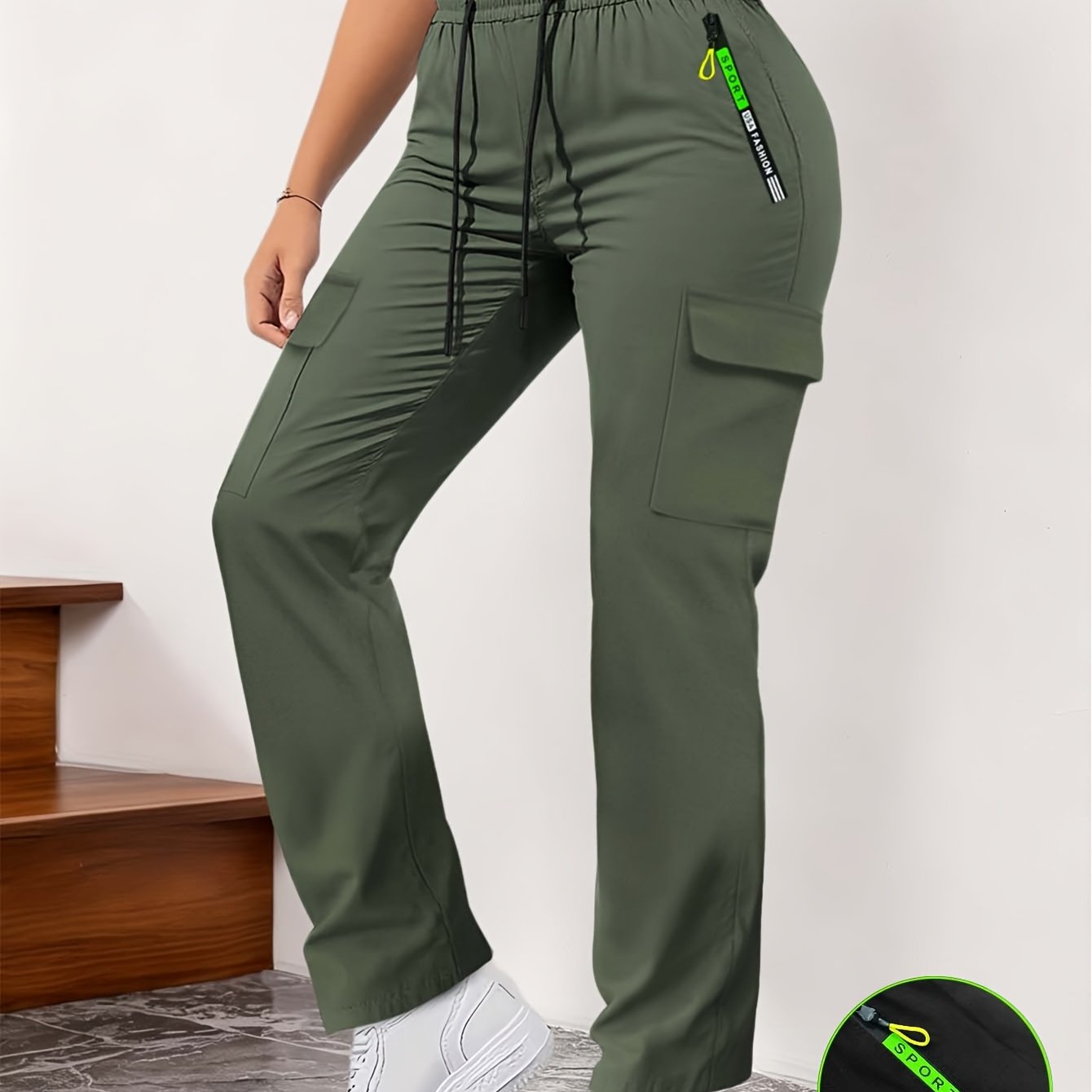 Image of Women's Breathable Straight-leg Cargo Pants, Elastic Drawstring Anti-theft Zipper Pockets, Everyday Commuter Versatile Long Trousers