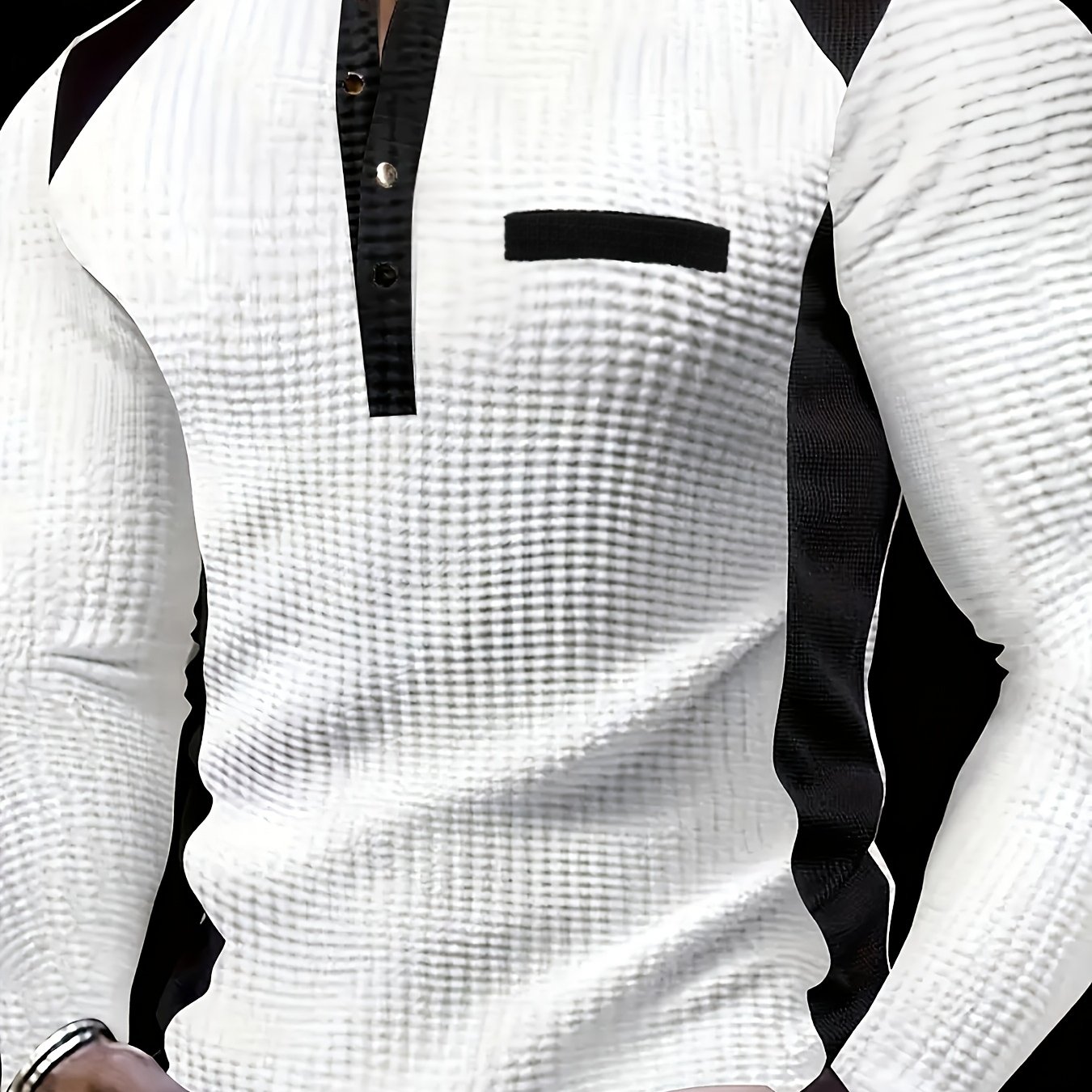 TEMU Men's Fashion Casual Business Long-sleeve Henley Shirt | High-end Color- Large Waffle Jacquard Henley Collar T-shirt | Chest Flap | Essential