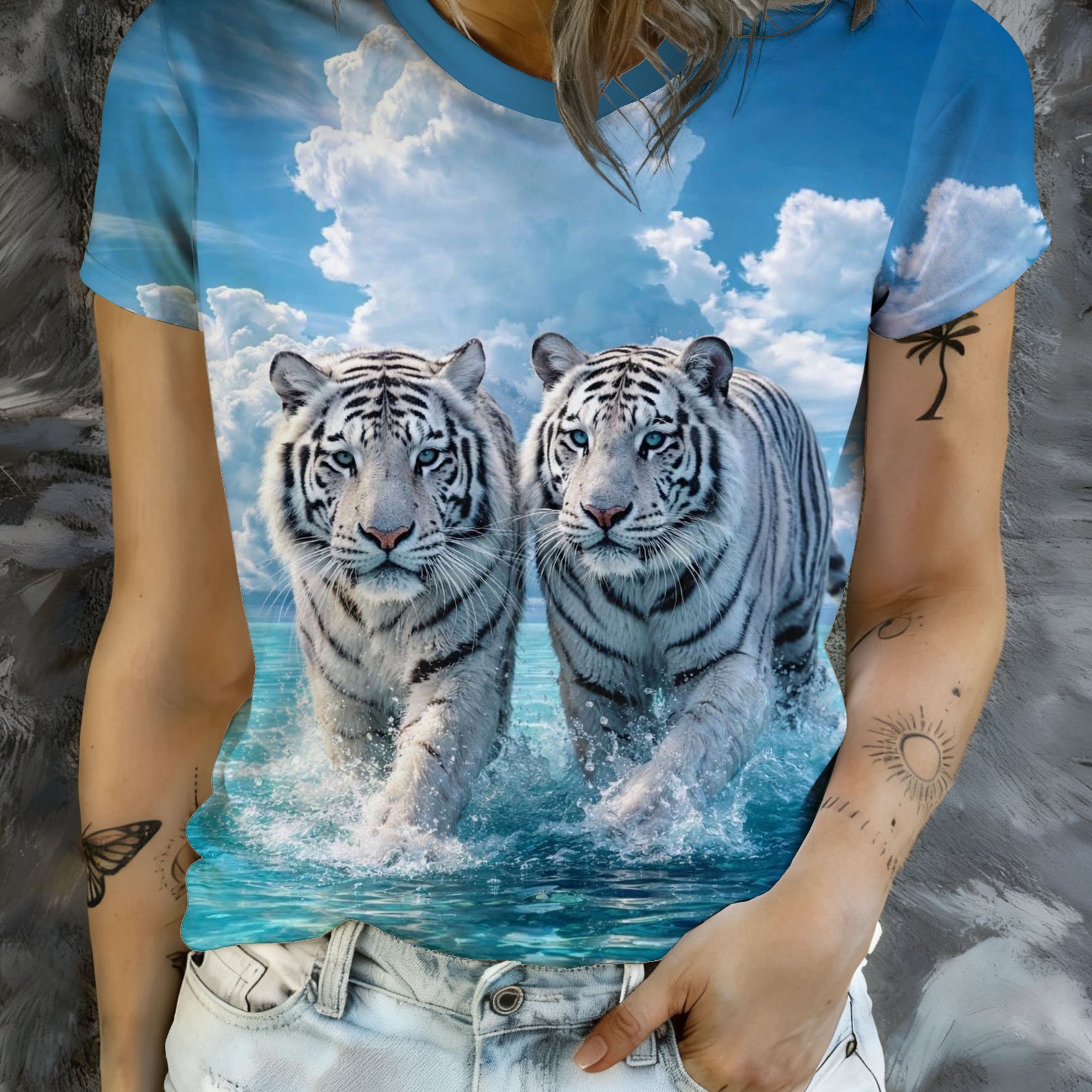 TEMU And Clouds Tiger Waves Printed Round Neck Short-sleeve T-shirt, A Unique Casual Top Featuring Animal Scenery