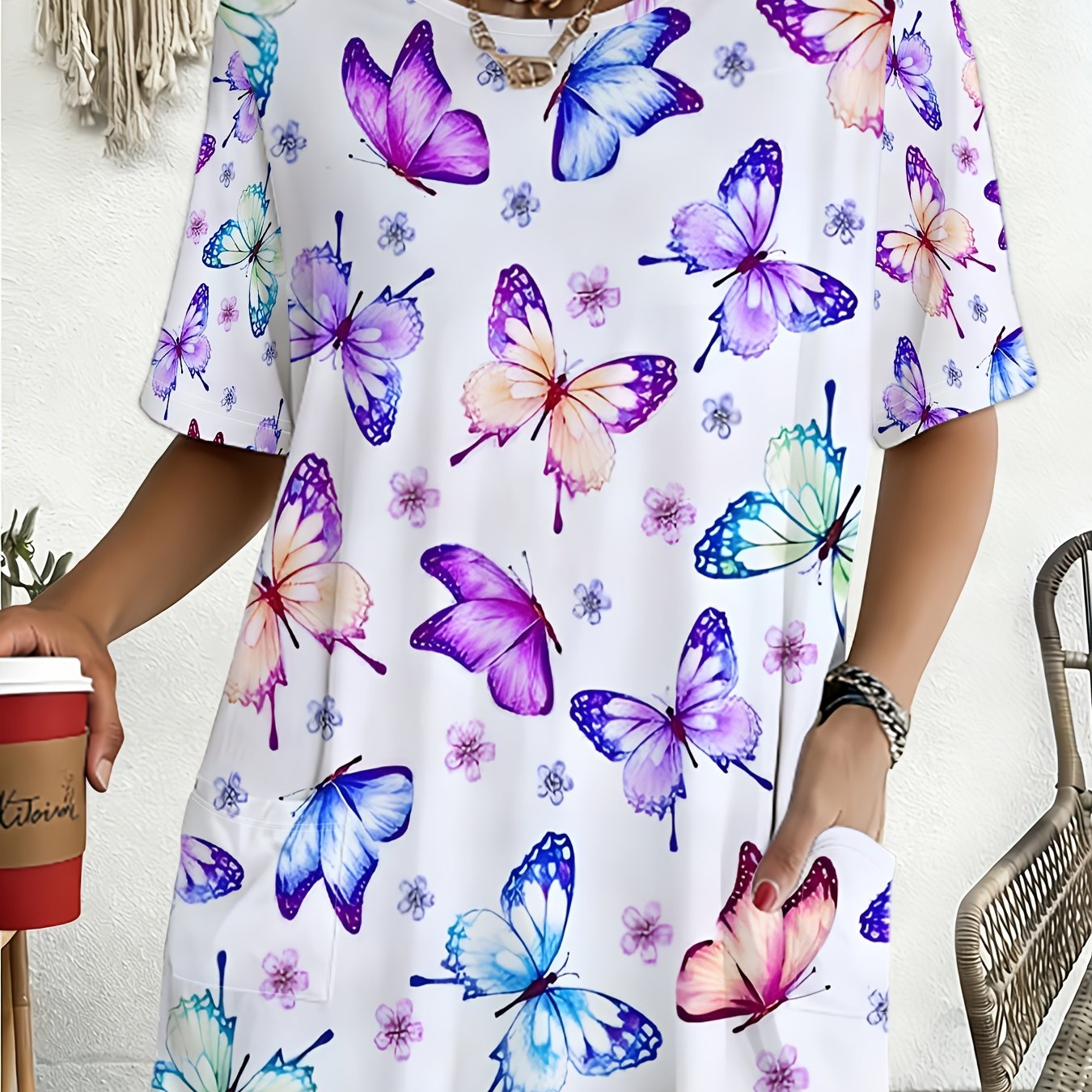 TEMU Plus Size Women's Summer Watercolor Ombre Multicolor Style Aesthetic Fresh Full Print Pocket Round Neck Short Sleeve T-shirt Athletic Casual
