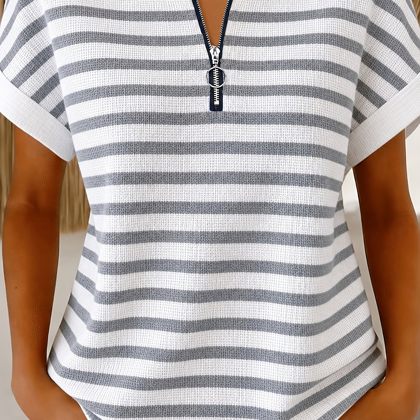 TEMU Women's Elegant Casual Waffle Zipper Round Neck Printed Short Sleeve Top