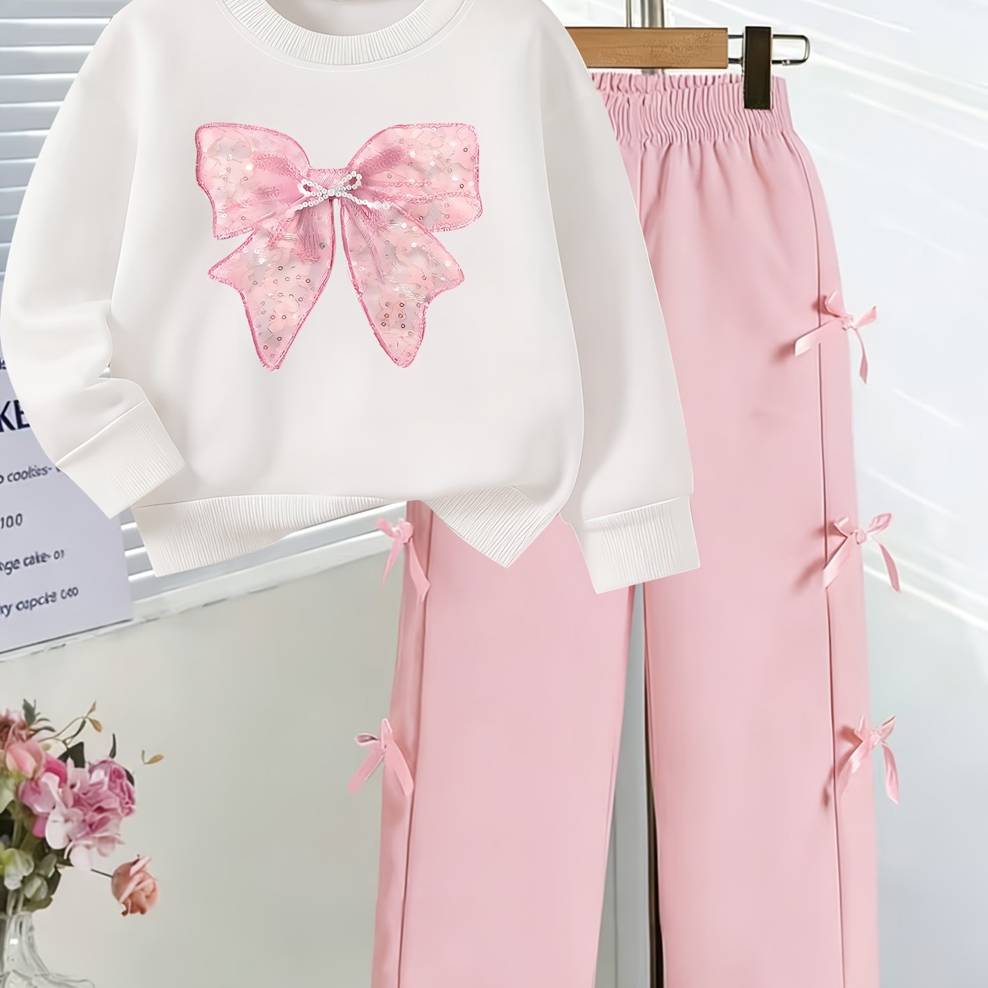 1pc Girls' Pink Bow Print Round Neck Long Sleeve Sweatshirt, Fall Winter Girls' Fashion Sweatshirt