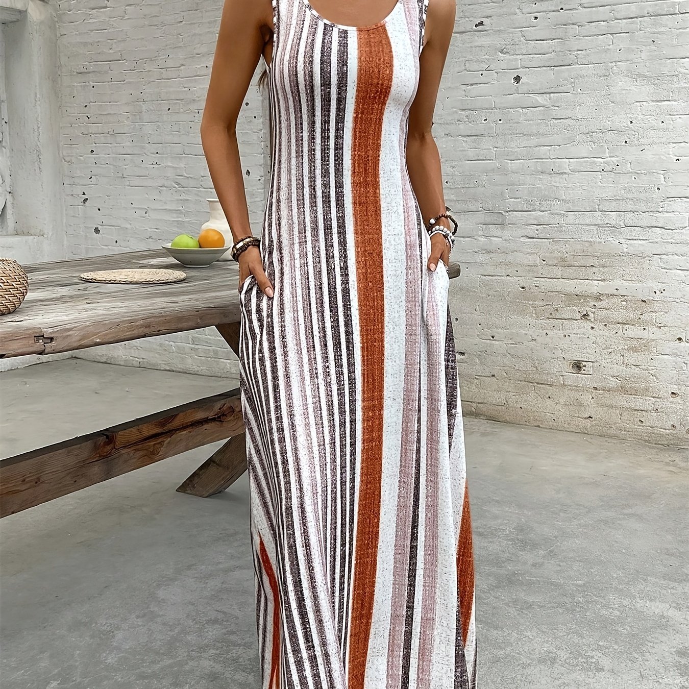 TEMU Women's Long Vest Dress, Casual Block Striped Print Sleeveless Dress With Pockets, Elegant Long Dress For