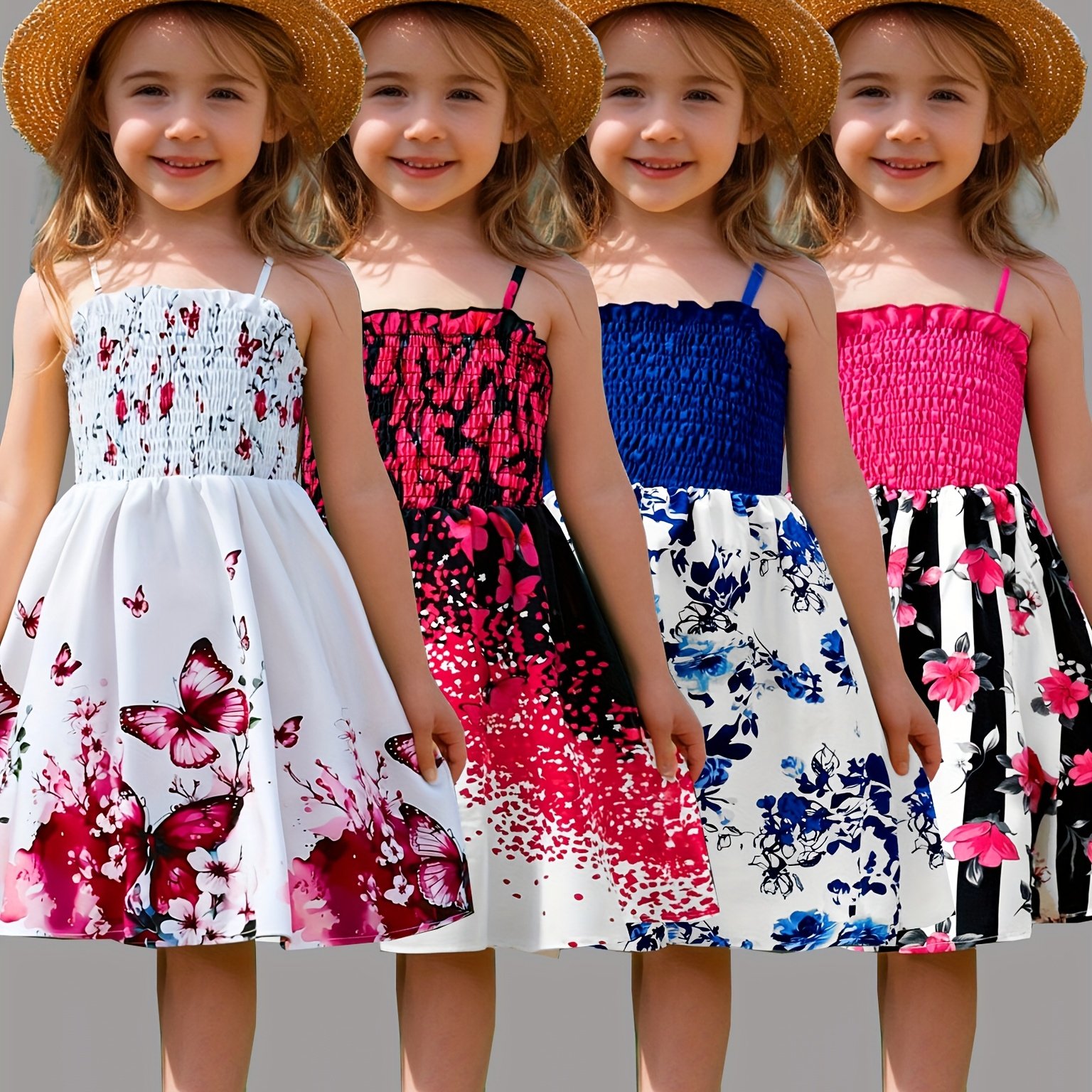 Image of 4pcs Set Girls Size 90-130cm Fashion Spring Summer Casual Floral Print Camisole Dress