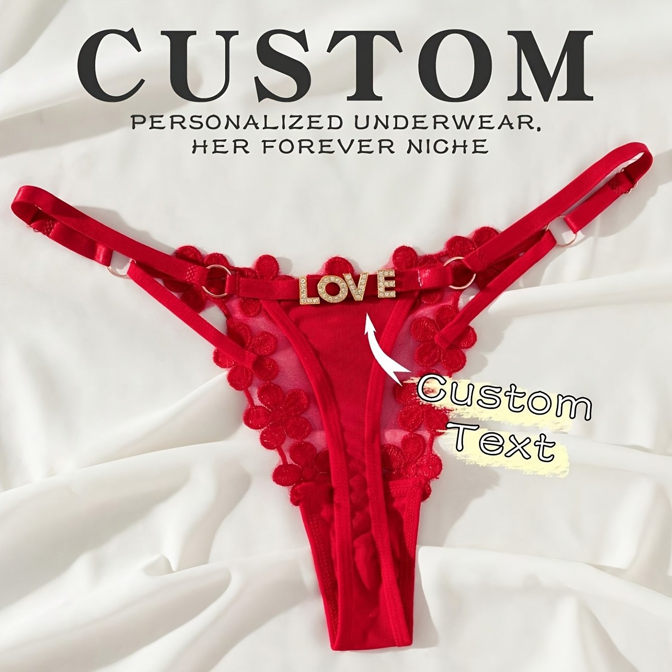 E-shop 1 personalisierbare String mit glänzenden Metallbuchstaben, ein sexy Bikini-Geschenk, kontrastierende farbige Spitzen-Details und eine sexy,