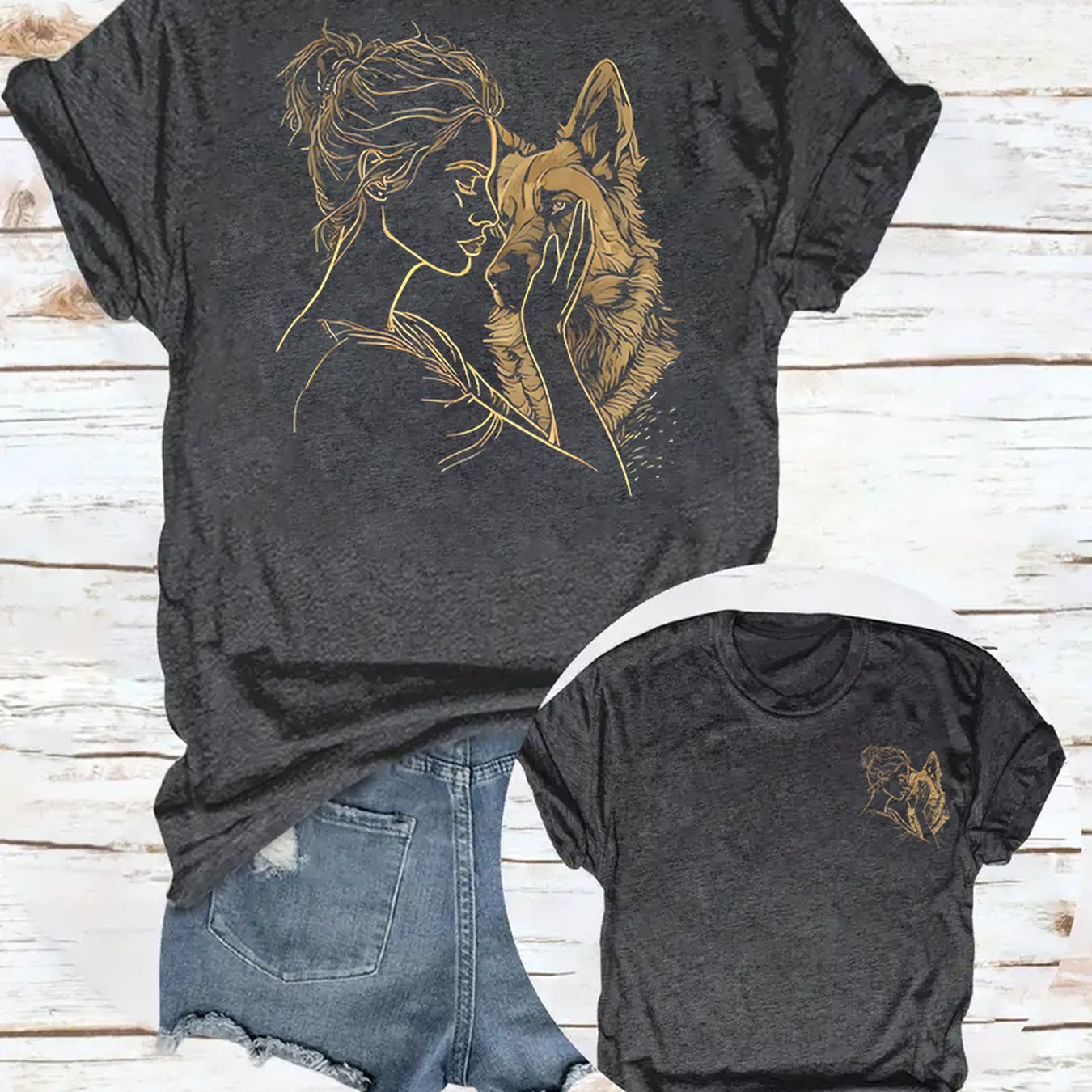 TEMU Women'-sided Short Sleeve Crew Neck T-shirt | Printed Woman & Wolf Graphic, Back Intricate Line Art Pattern, Front Same Design, Soft Comfortable