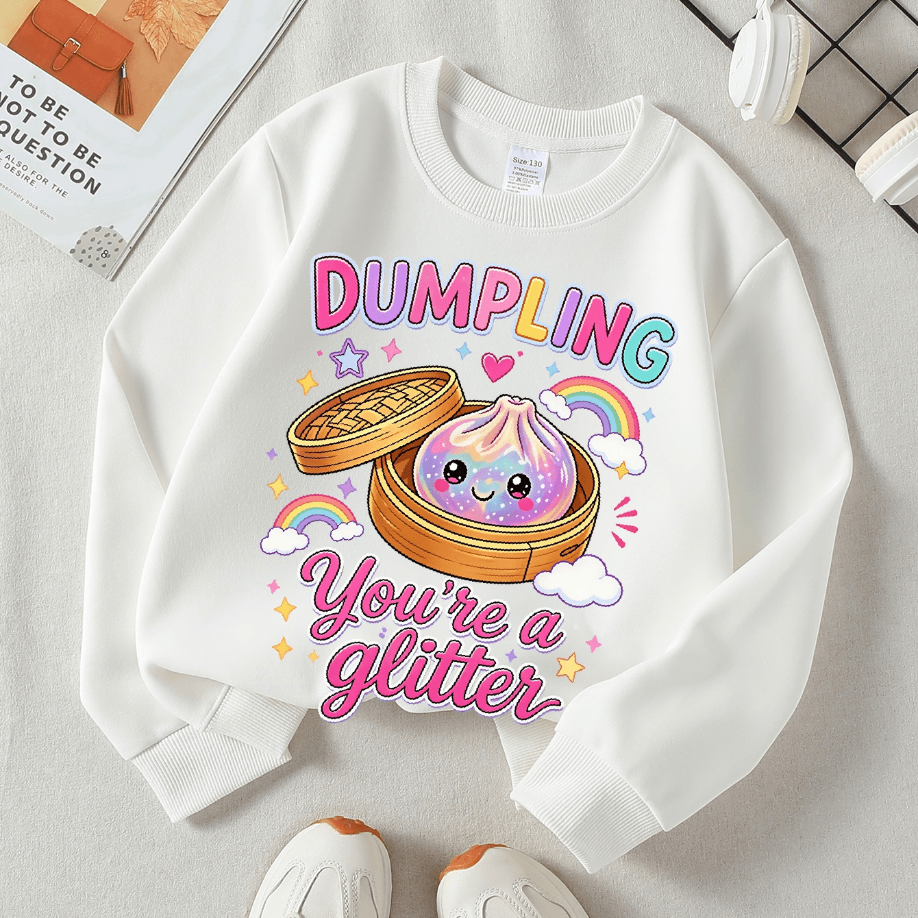 Image of Kids Girls Thickened Pure Terry Fleece Crew Neck Sweatshirt Cute Cartoon Dumpling Glitter Theme Print Autumn Winter Casual Daily School Wear