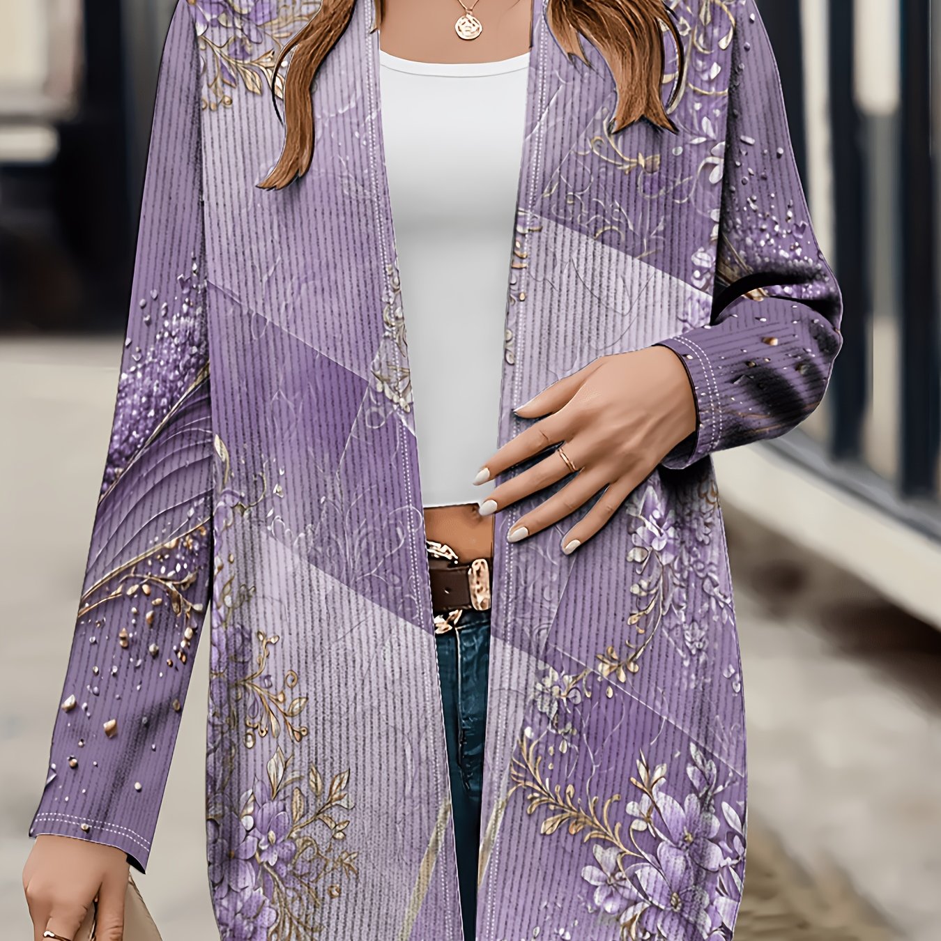 TEMU Printed Design â Not Textured Women's Elegant Printed Cardigan - Long Sleeve Casual Jacket, Pattern, Machine Washable, Comfortable Lightweight