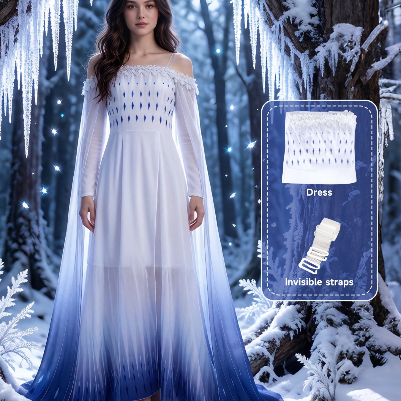 E-shop Gradient Maxi Kleid, Blau-Weißes Damen Kleid mit langen Ärmeln, Klassisches Anime Rollenspiel Kostüm, Bühnenkostüm, Unsichtbares Schultergurt