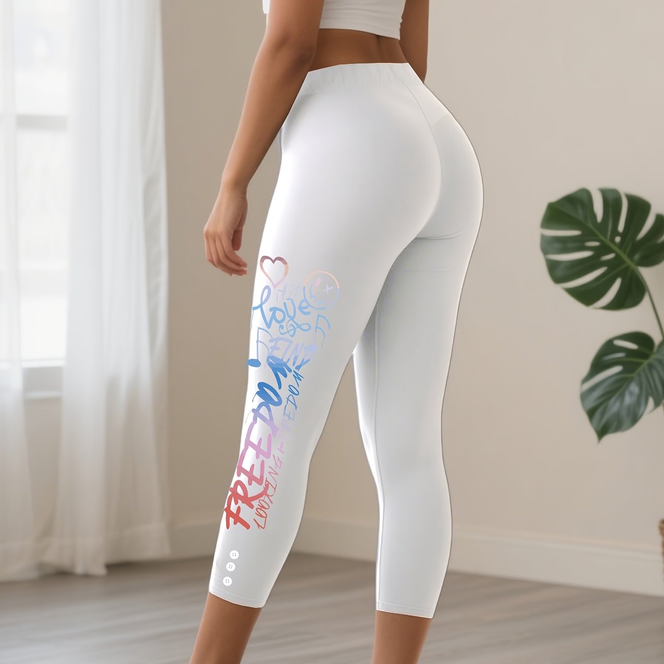 TEMU -shaped Pattern Casual Pants With Button Design, Pants For Cycling, Dance, And, Fashionable Stretchy Outerwear Leggings, Spring And Summer Slim