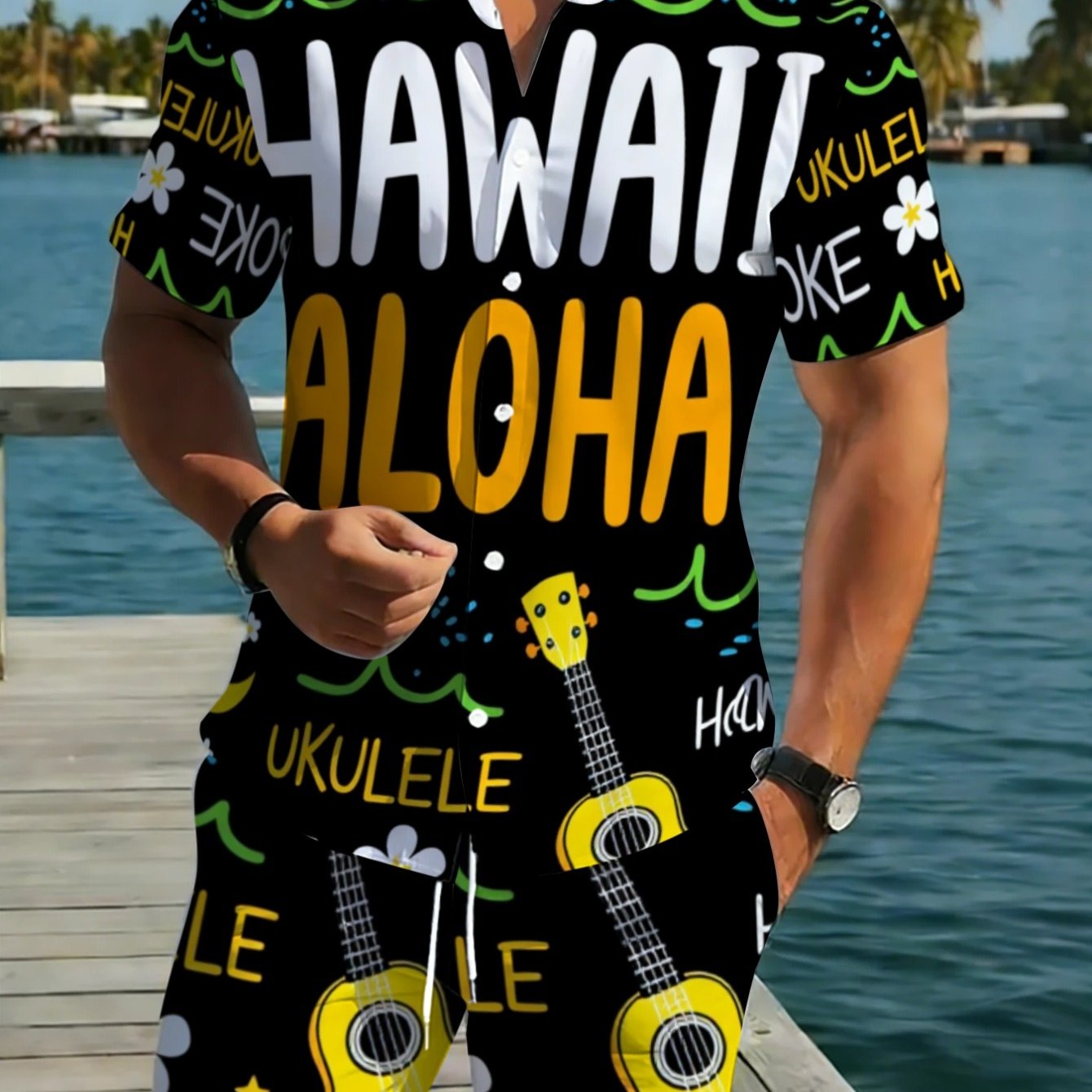 TEMU 2[printed Design Not Textured]hawaiian Aloha Print Men's Short Sleeve Shirt Set, Polyester Casual Wr For B Vacation, Luau Party, Or Summer ,
