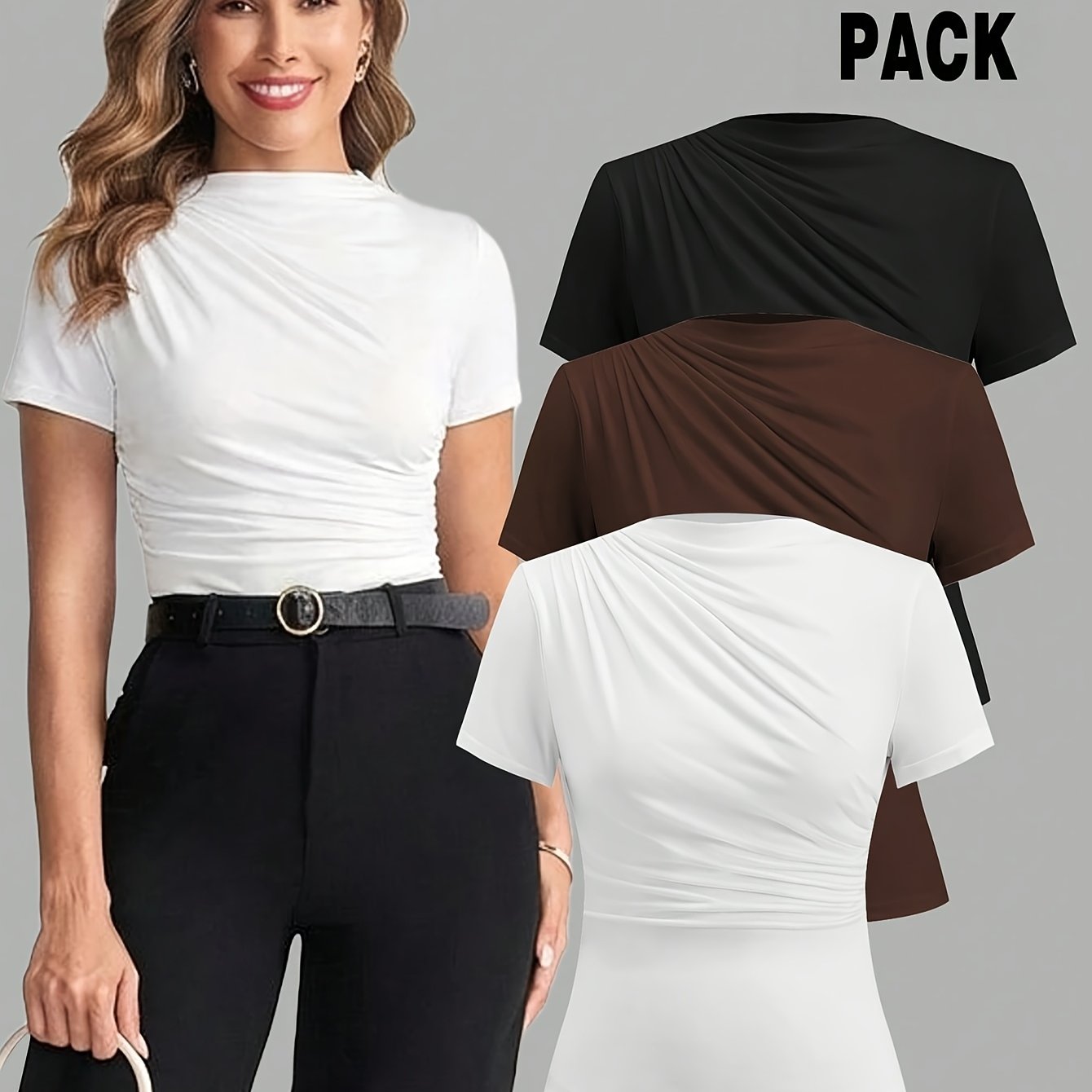 Image of 3pcs Set Women's Pleated Short-sleeve Top, Elastic Waist Slim Fit, White/brown/black, Elegant -shirt For Daily Wear