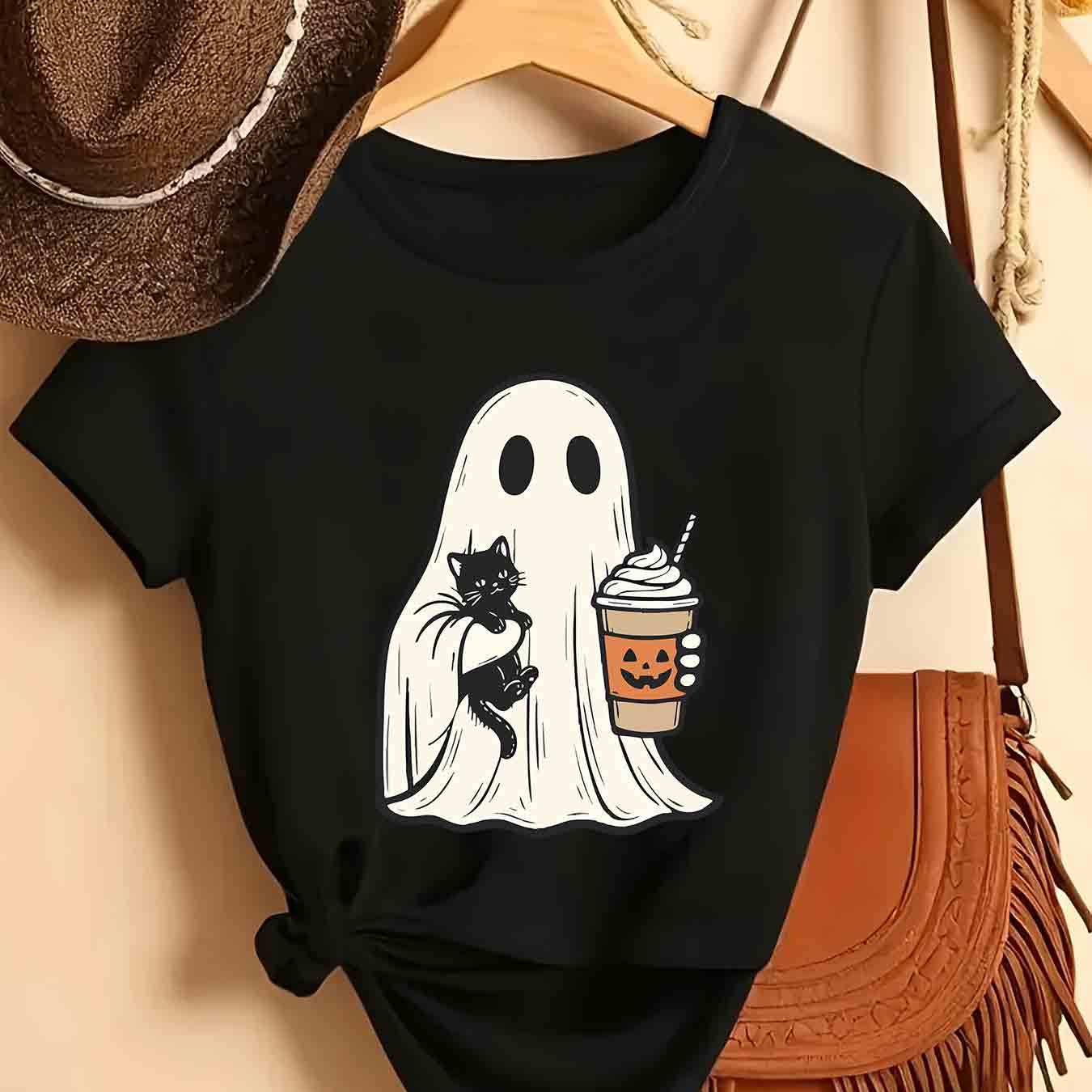 TEMU 1pc Cat Pattern Printed Fashionable Halloween Style Clothing Made Of, Machine Washable, Casual Loose Fit Suitable For Everyday Wear, Women's