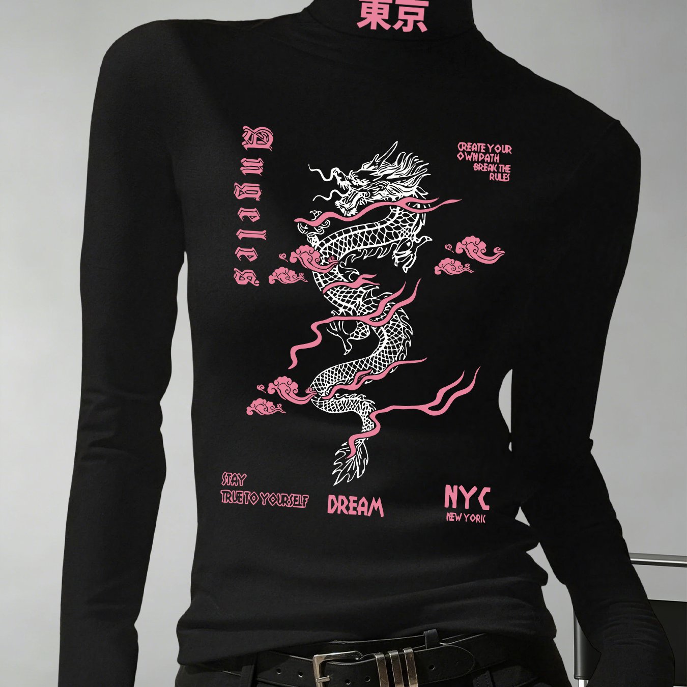 TEMU Women's Pink And White Dragon Print Style Printed Hot Slim Fit High Neck Long Sleeve Base Layer Top, Y2k Inner Wear