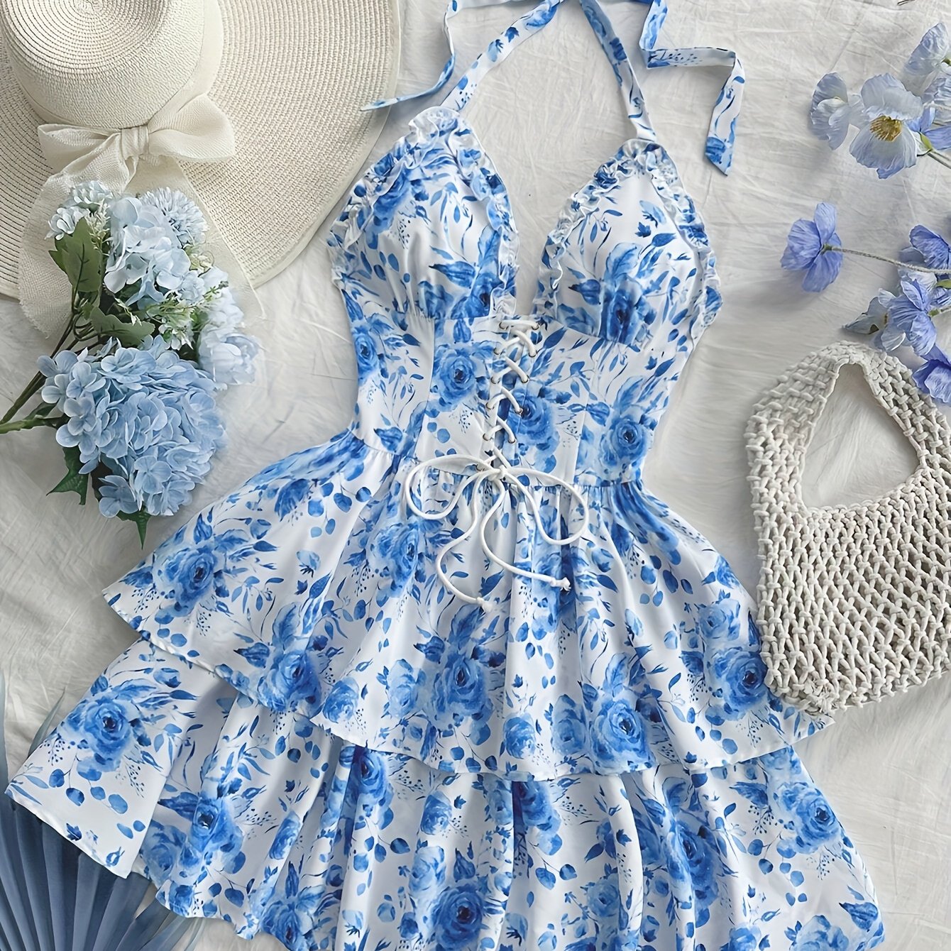 Women's And White Watercolor Rose Print Tie Front Ruffle