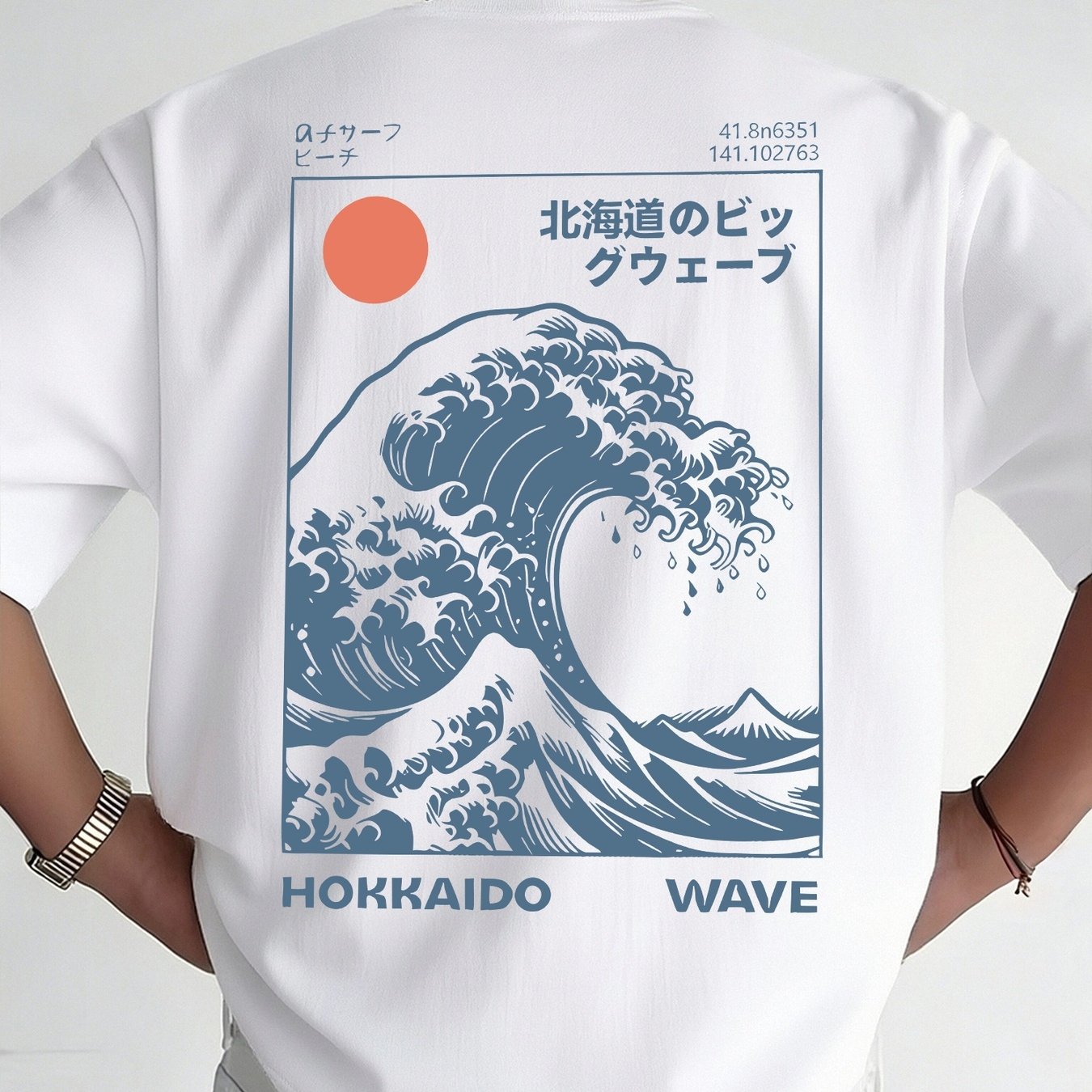 TEMU [printed Design â Not Textured] 's Hokkaido Giant Wave Japanese -e Back Large Print T-shirt, Japanese Ocean Wave Illustration, White Loose Shor