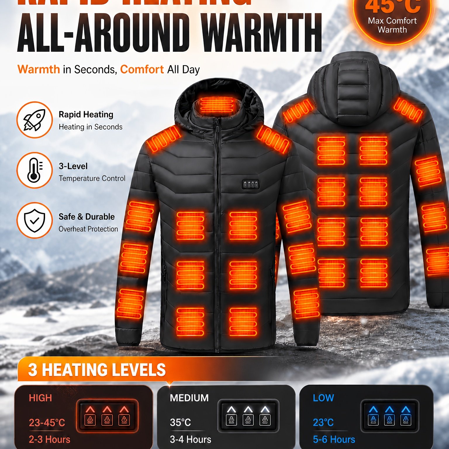 TEMU Men's Heated Jacket, Winter Warm Smart Heated, 3-speed Temperature Adjustable Heated Jacket, 4 Control Switches, 36 Heating Areas, Designed For