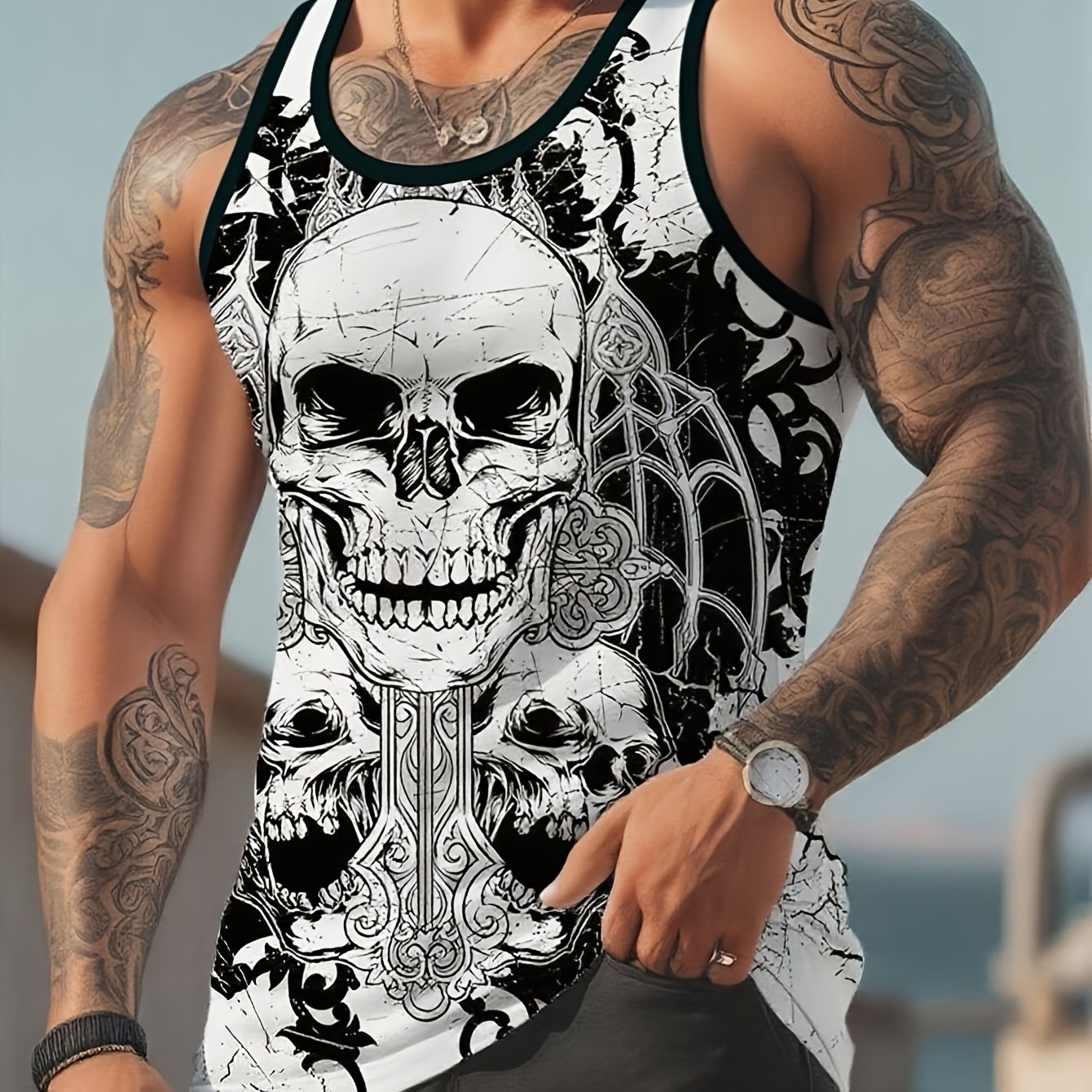 TEMU [print Design- Not Textured] Men's Summer Casual Skull Print Round Neck Vest, Plus Size