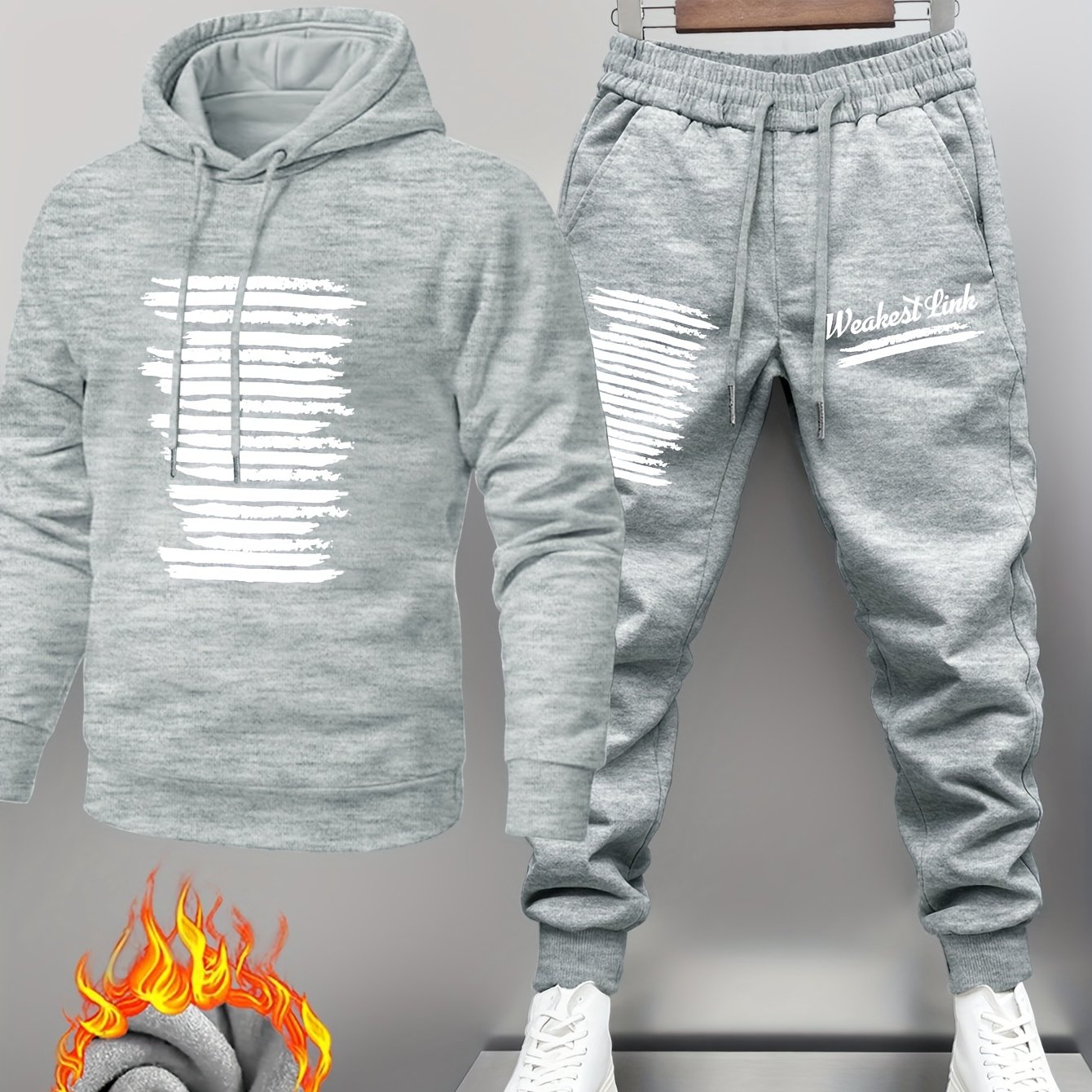 E-shop Herrenmode Dicke Winter Kapuzenpullover und Set, Trendige Marke Freizeit Sportbekleidung, Warme Fleece Jacke und Hose, Weißes Schuh-Paarung,
