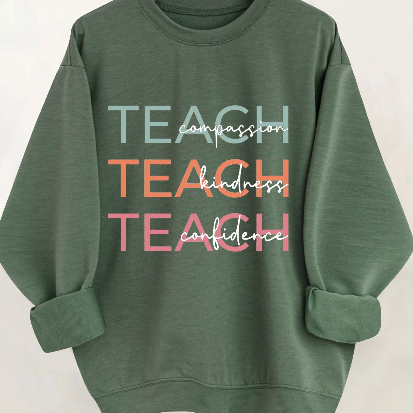 TEMU Women's Elegant Casual "teach You" Letter Print Pullover Sweatshirt - With Multicolor Vertical "teach" Design, Long Sleeve Round Neck ,