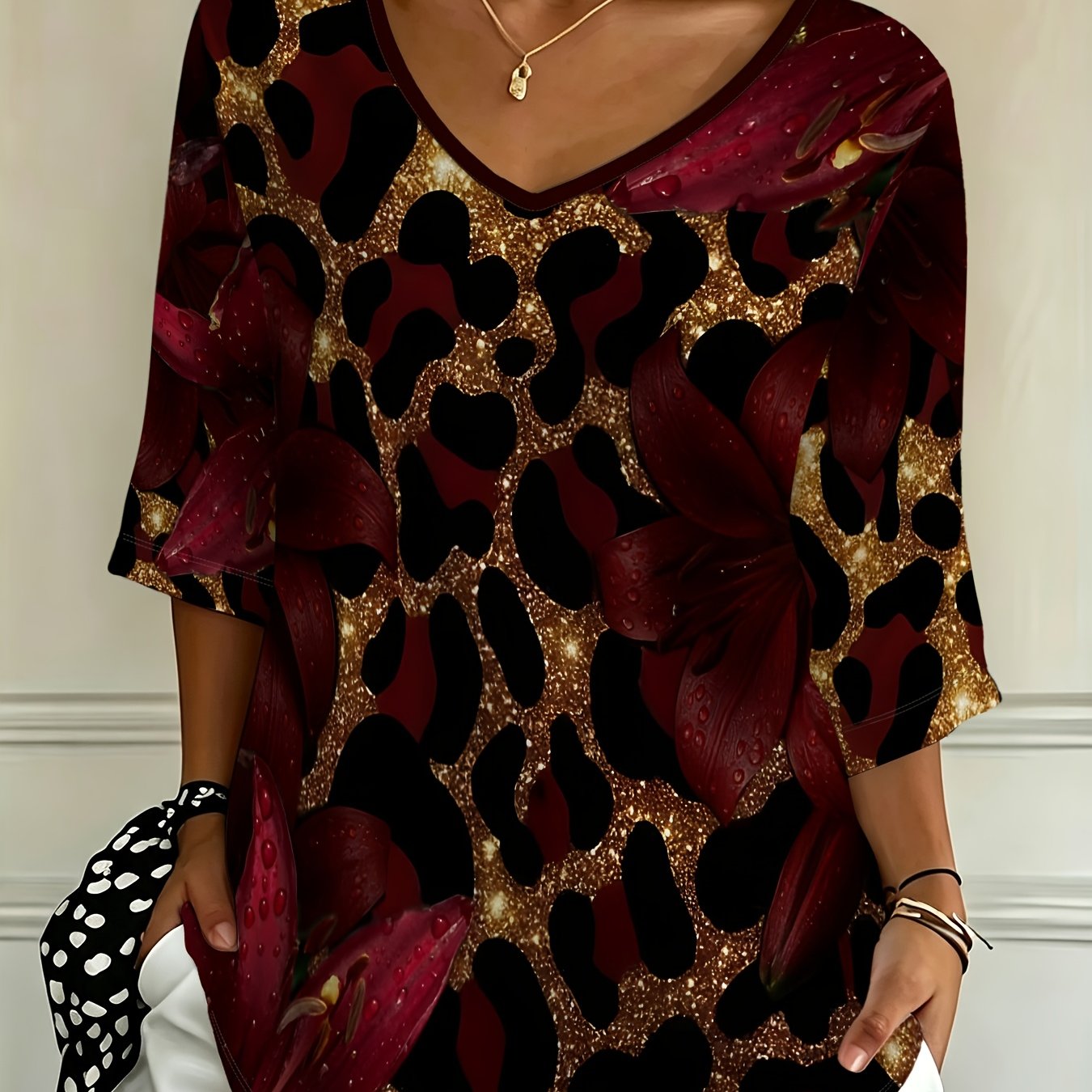 TEMU Plus Size, Holiday Women's Plus Size Loose Leopard Print Lily -quarter Sleeve V-neck T-shirt Top