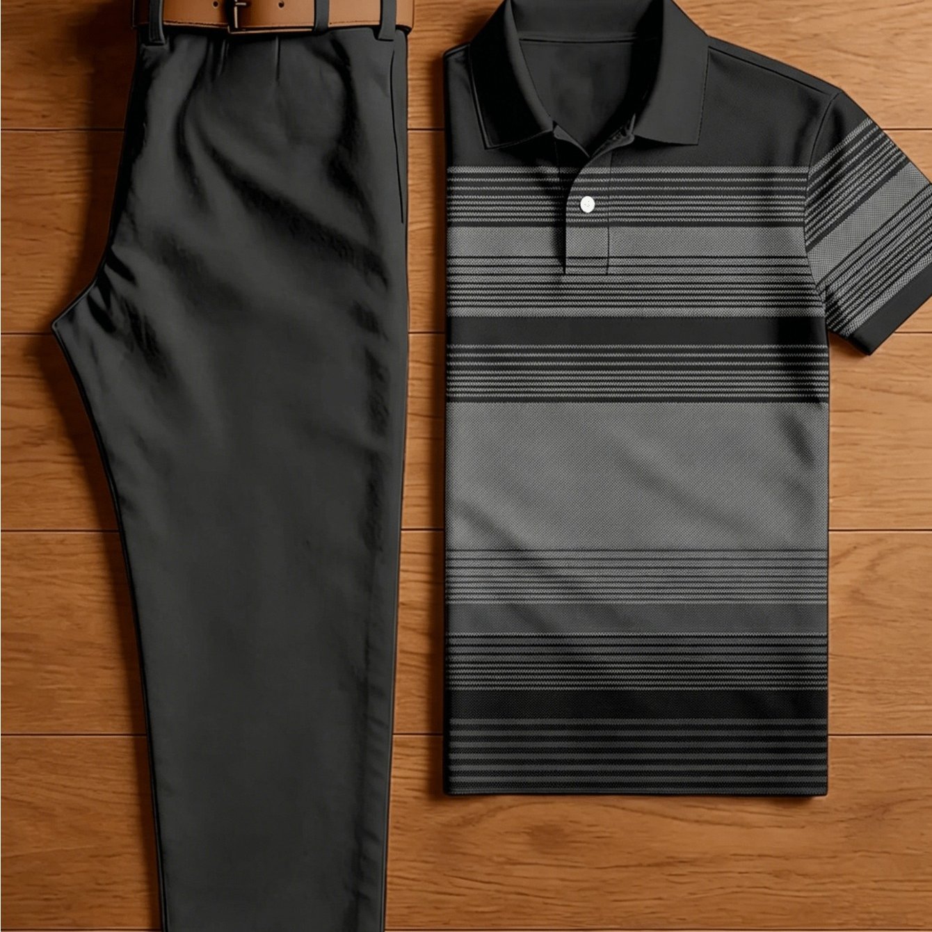 Men's 2pcs Suit Short Sleeve Lapel Shirt & Dress Pants - Gradient Grey & Solid Black Matching Outfit, Breathable Summer Business Casual Wear, Machine Washable 2pcs Suit For Golf Daily Wear