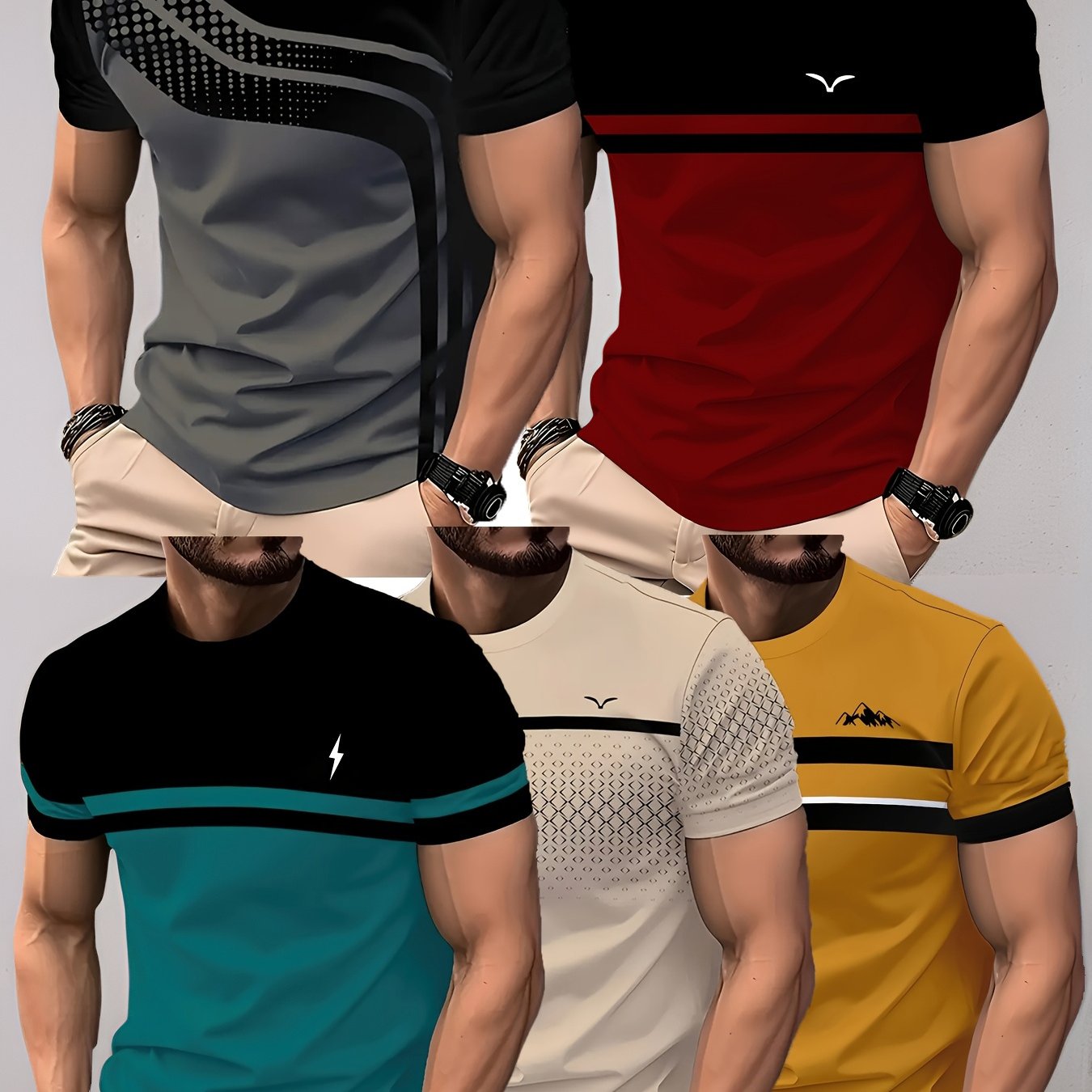 TEMU 5pcs Set Of Striped Print Men's Fashion Casual Short-sleeve T-shirts, Gradient Color, Summer Round-neck, Quick-dry, Breathable Short-sleeve Tops