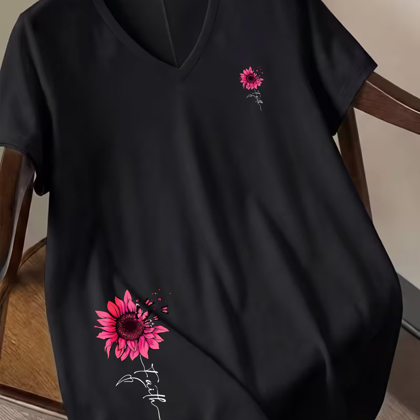 TEMU Plus Size, 1xl-8xl Women's Oversized Batwing Sleeve T-shirt - Pink Sunflower & Print V-neck Batwing Top, Stretchy Opaque Fabric Suitable For