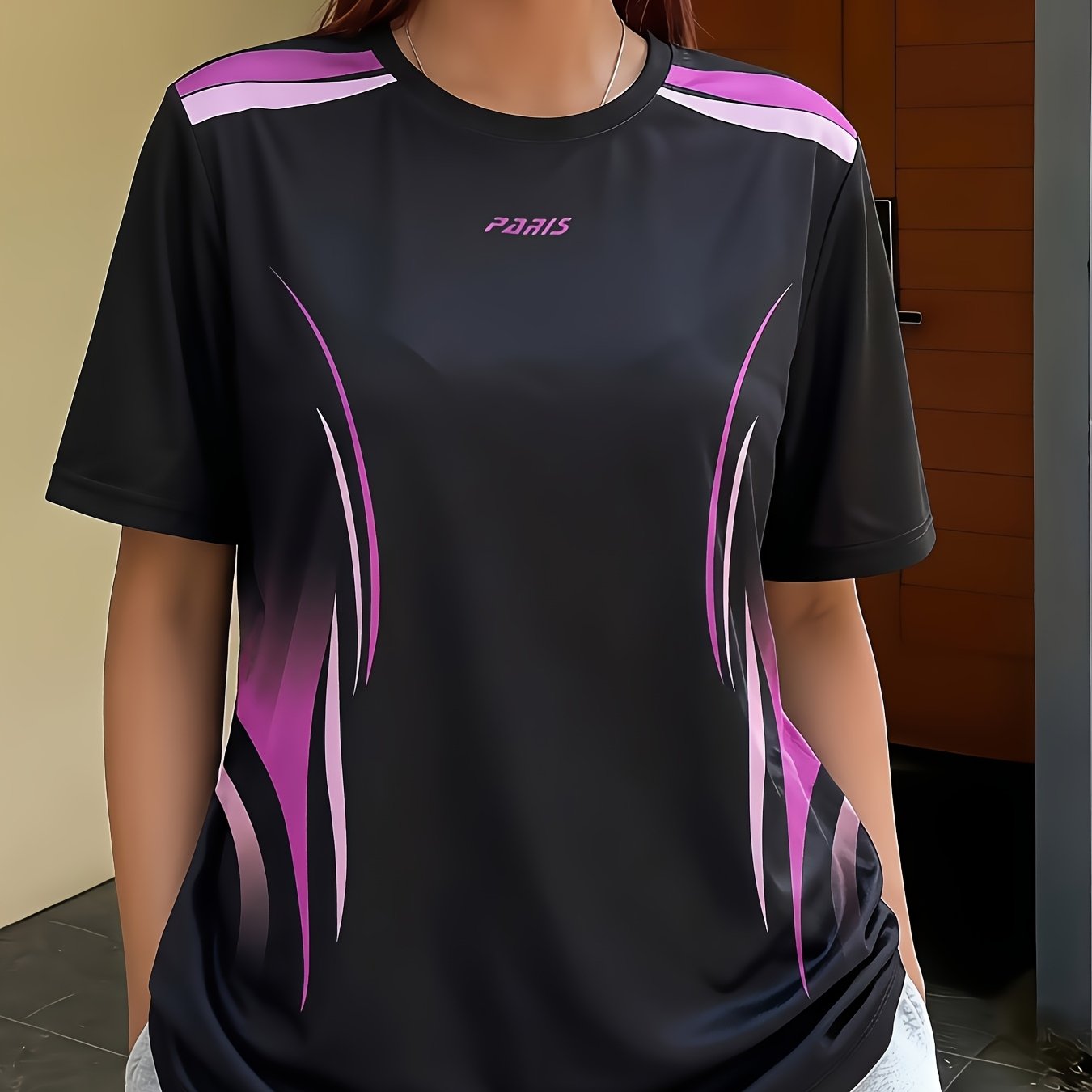 TEMU Women's Fashion T-shirt, Women's Top, Breathable Comfortable Lightweight Fabric, Color-block Pattern, Suitable For And Outdoor Casual Wear, Gift