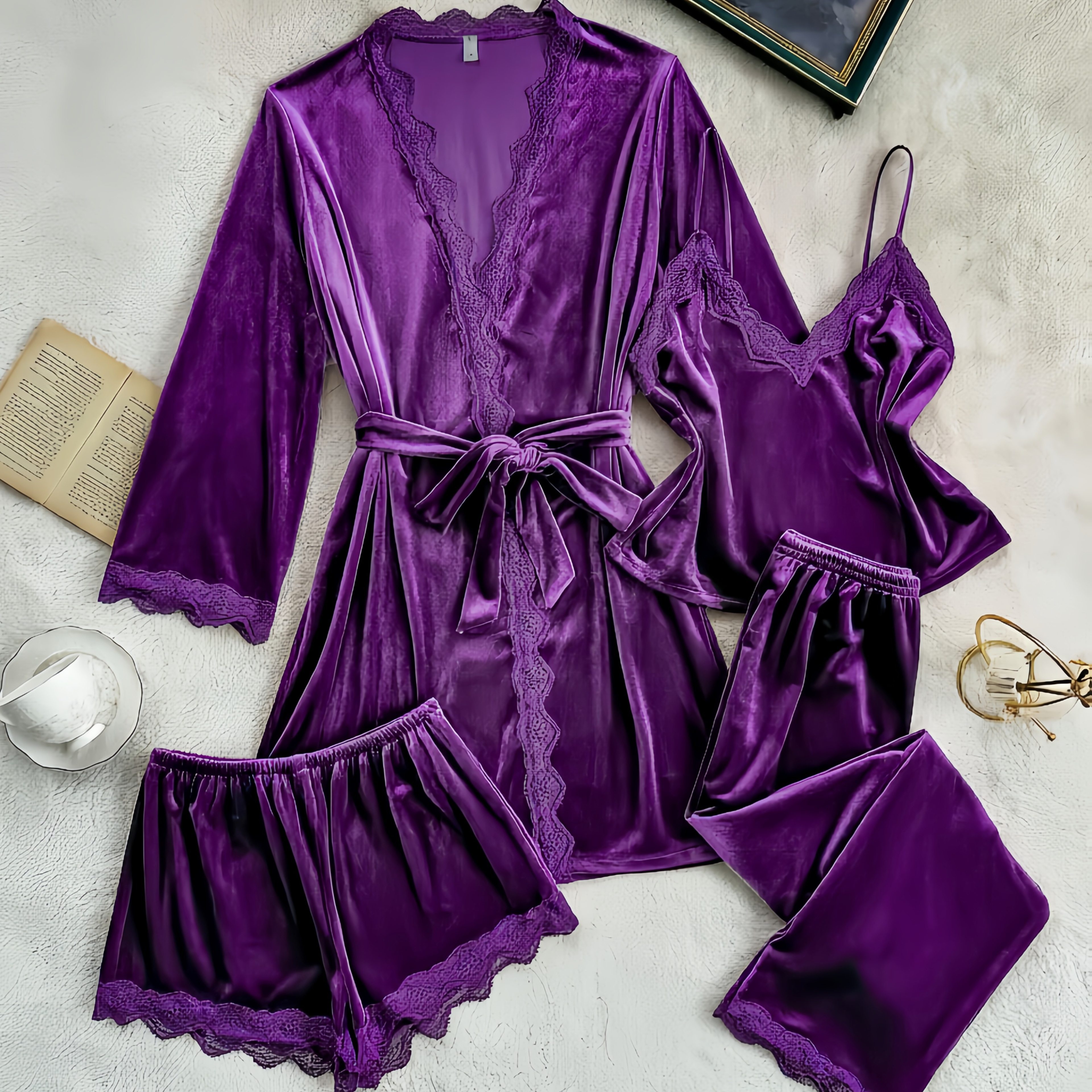 TEMU Light Luxury 4pcs Pajama Set For Women, Lace Trim V-neck Camisole Nightgown, Long Sleeve Tie-back Robe With Long Pants And Shorts, High-end