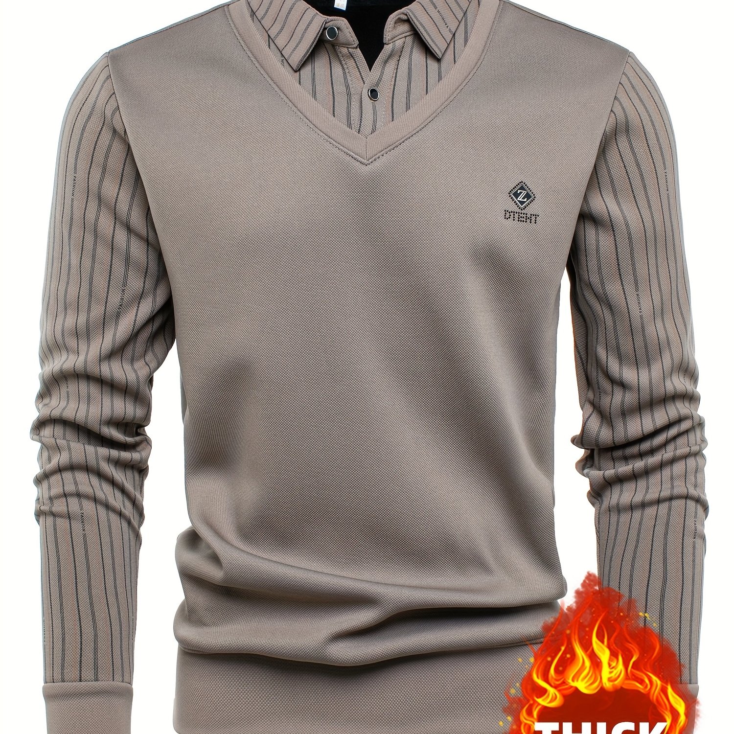 TEMU Nueva camiseta polo de larga para hombre con chaleco sintético de forro polar, parche de diamante con con clavos, forro de rayas finas, y .