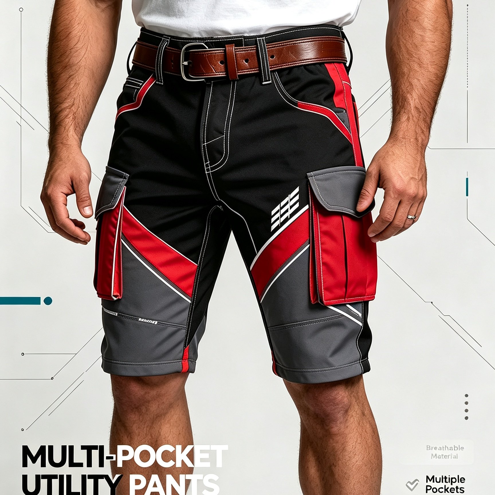 Men's Cyber Techwear Color- Digital Printed Cargo Shorts, Multi-pocket, Suitable For Outdoor, Commuting And Daily Wear, Versatile , Beltless Design