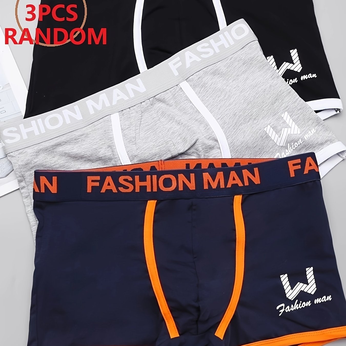 Image of Random Fashion Series - Random 3-piece Set Of Men's Printed Stretch Boxer Briefs, Colors Random, Comfortable Underwear Set, Fashion For Man Letter Waistband Design, Soft Boxer Briefs 95% Combed Cotton