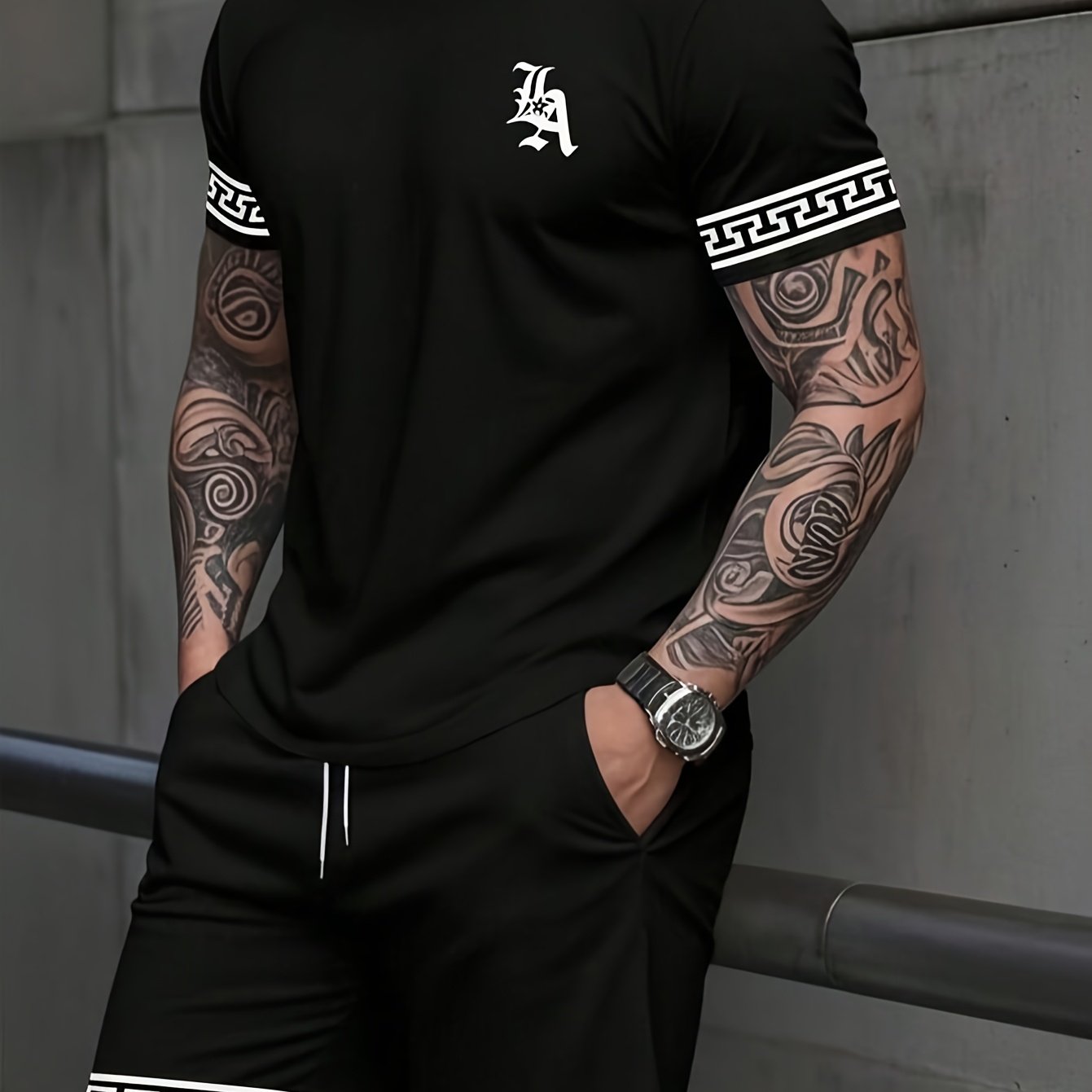 TEMU Summer Casual Men's Letter Print Two-piece Set, Loose Black Short Sleeve T-shirt And Shorts Sports Outfit For Daily Wear