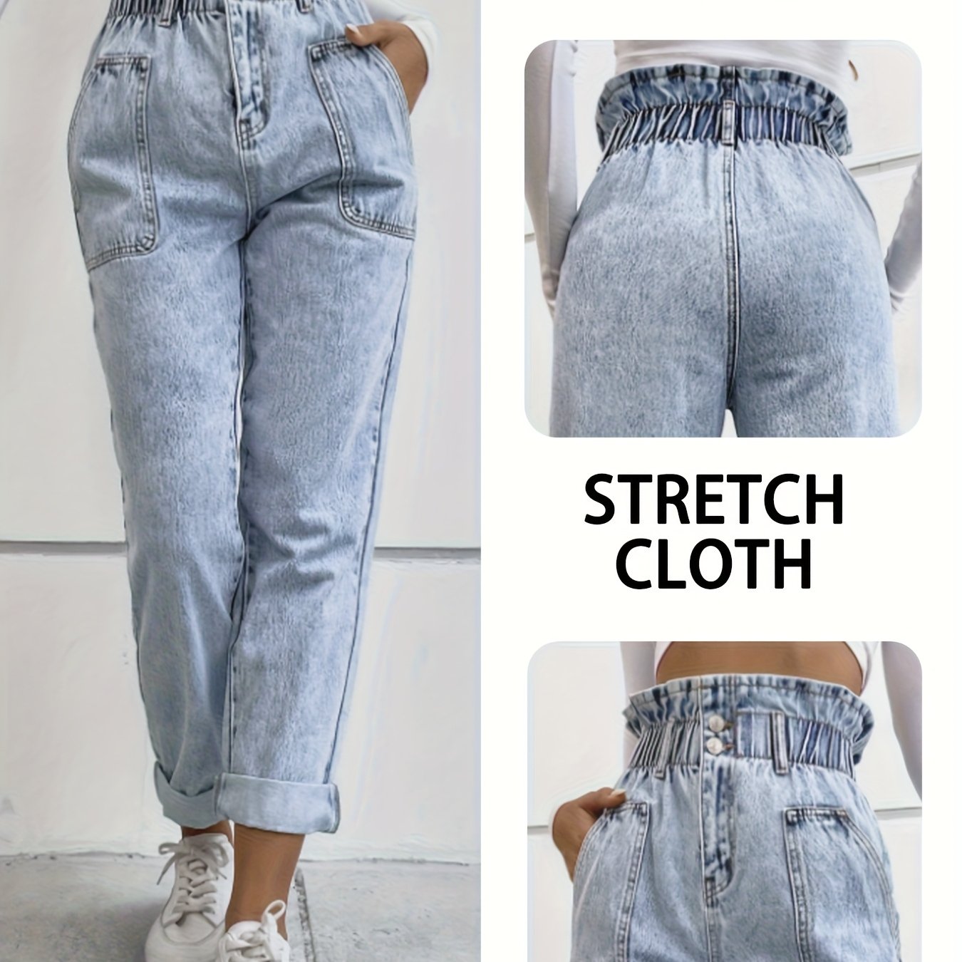 Casual Stylish Women'-button Stretchy Waist Multifunctional Pocket Denim Pants