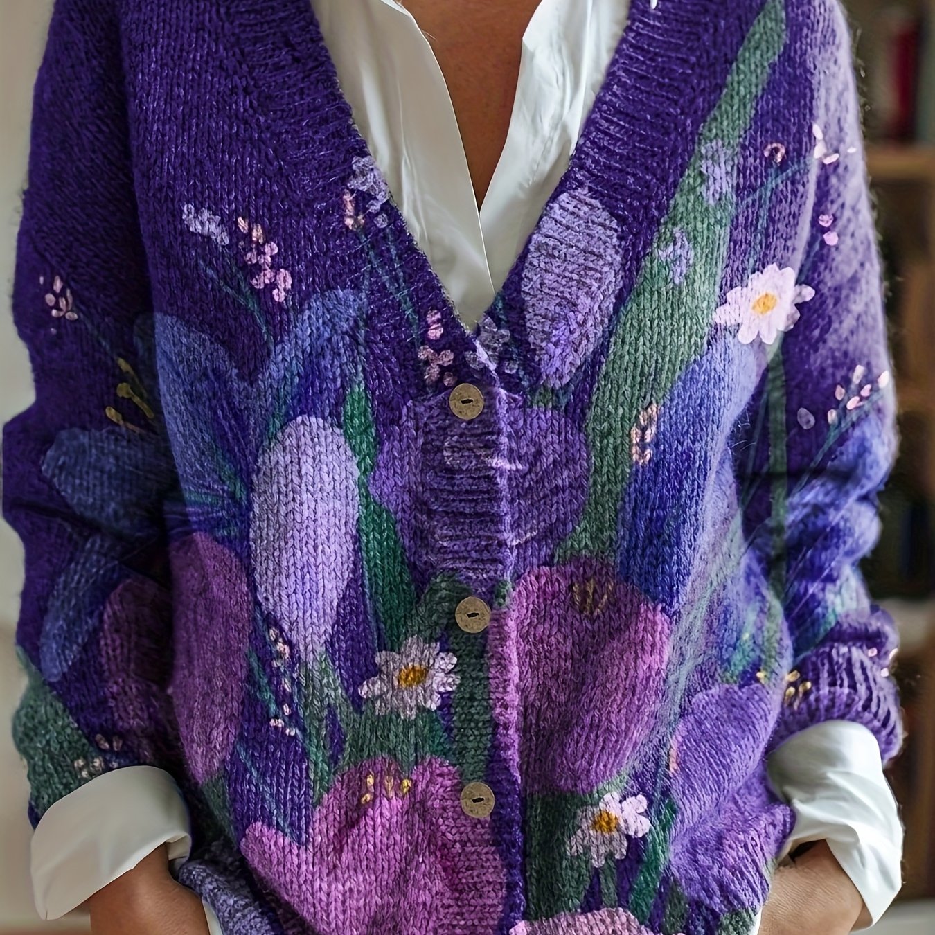 TEMU 2025 Autumn/winter New Women's Floral Print Breathable Elegant Style Fashion Vintage Pattern V-neck Cardigan - Fabric, Machine Washable, Printed